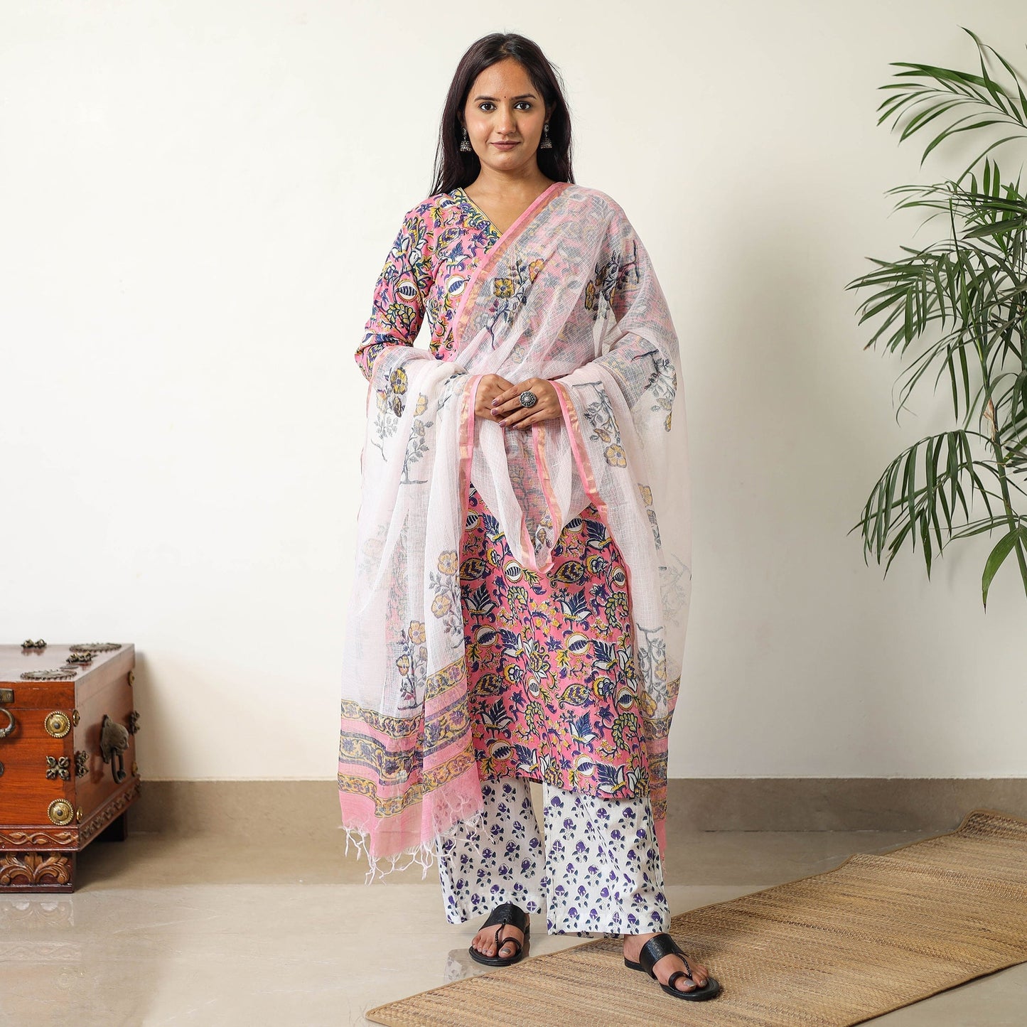 Sanganeri Block Printed Cotton Kurta with Palazzo & Dupatta Set 14