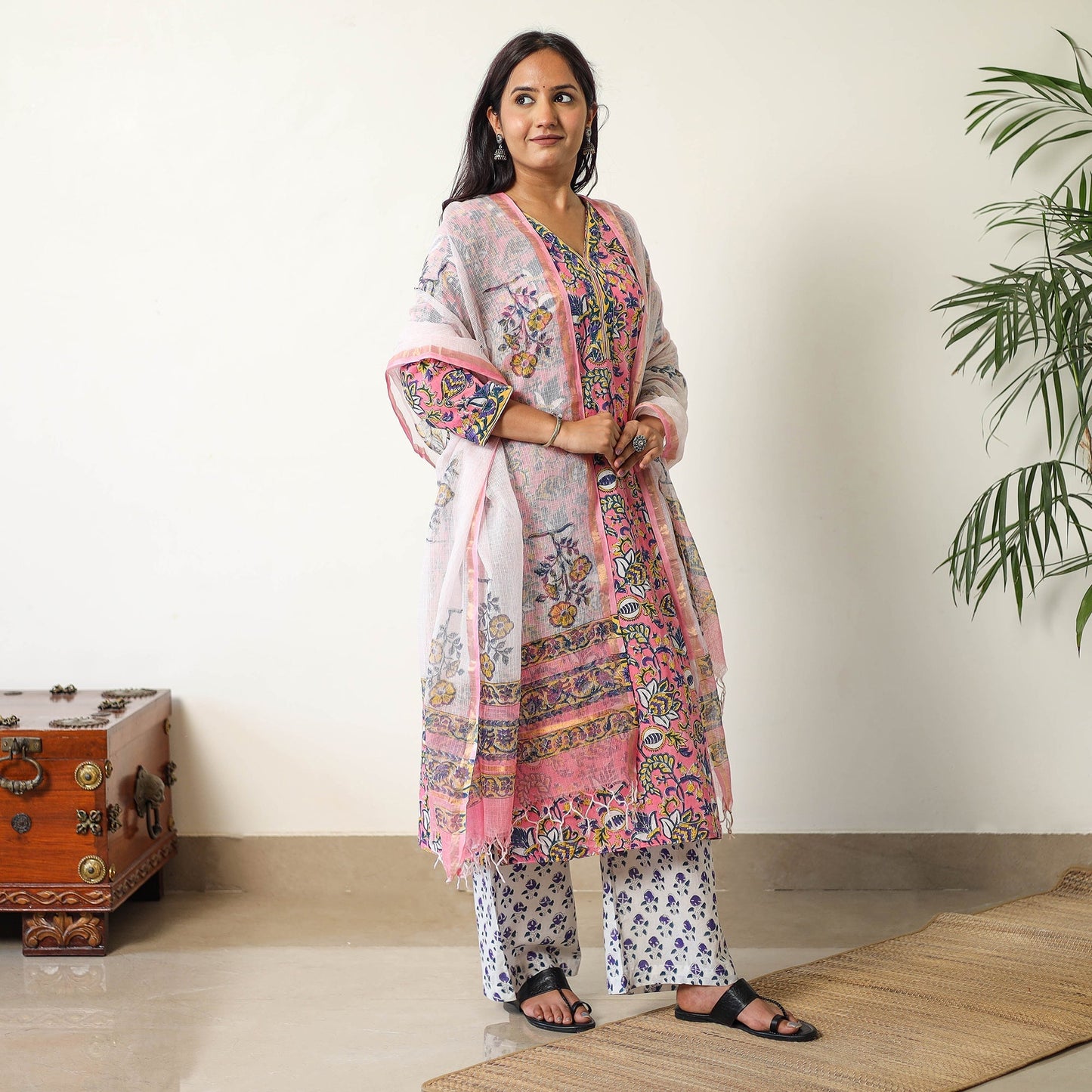 Sanganeri Block Printed Cotton Kurta with Palazzo & Dupatta Set 14
