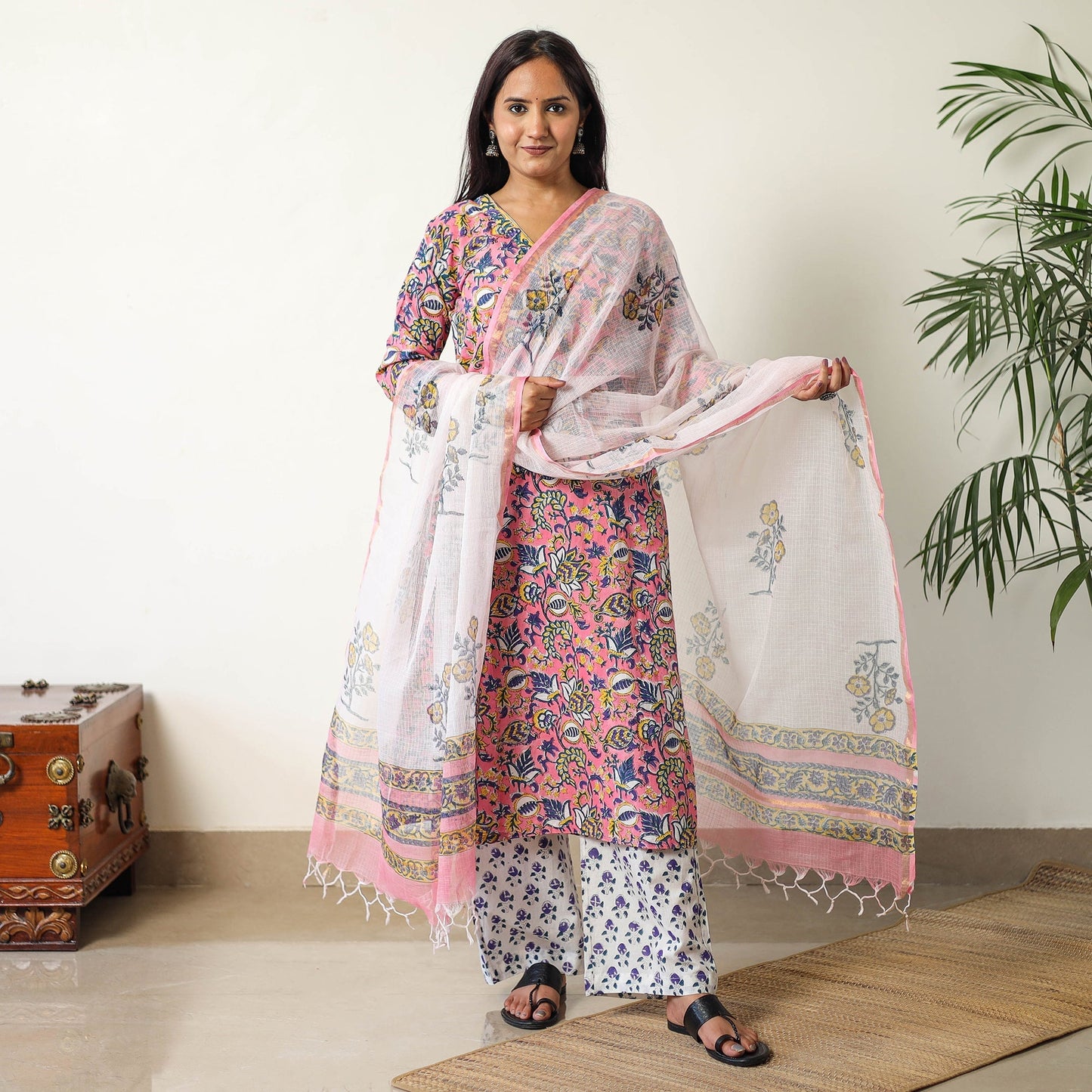 Sanganeri Block Printed Cotton Kurta with Palazzo & Dupatta Set 14