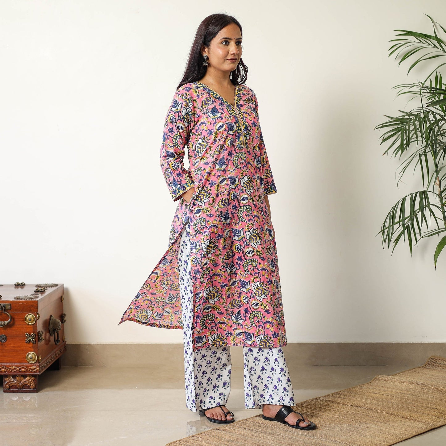 Sanganeri Block Printed Cotton Kurta with Palazzo & Dupatta Set 14