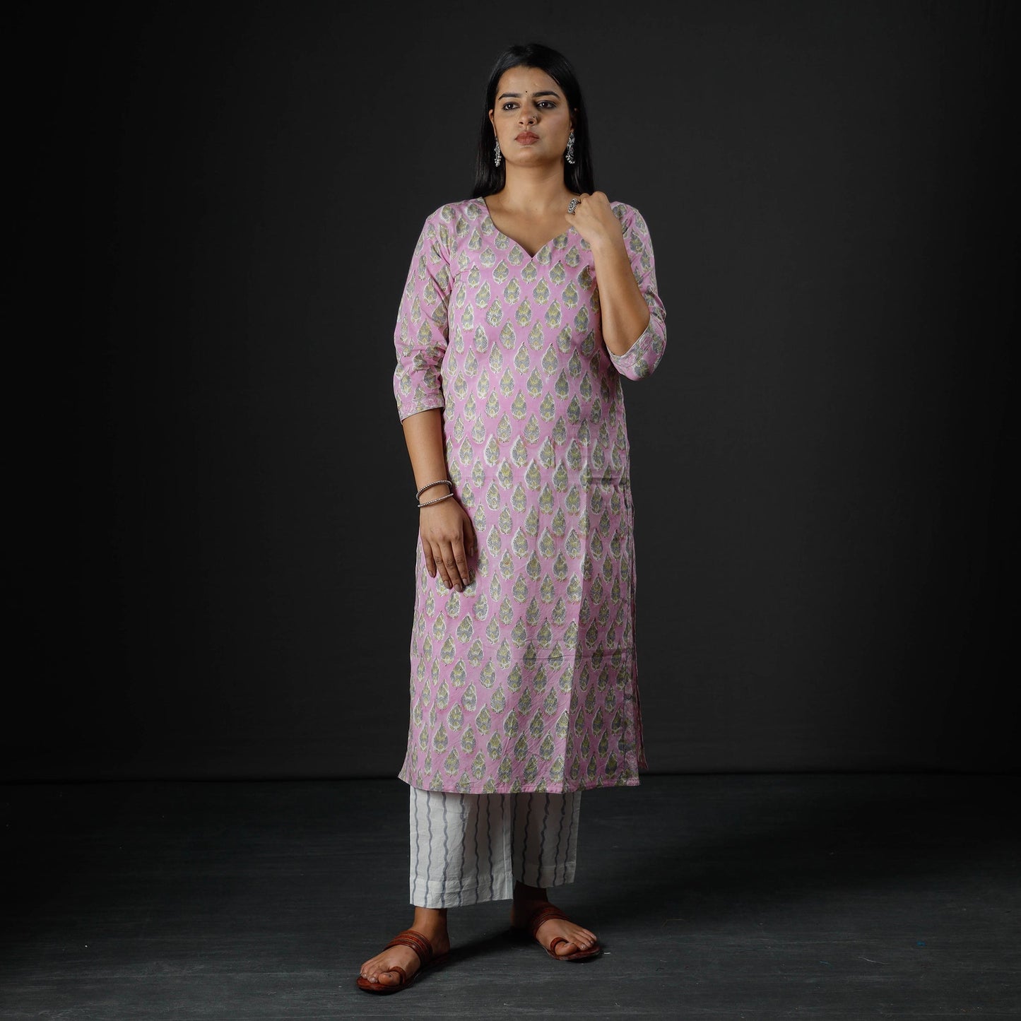 Sanganeri Block Printed Cotton Kurta with Palazzo & Dupatta Set