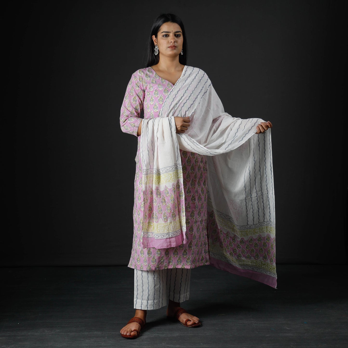 Sanganeri Block Printed Cotton Kurta with Palazzo & Dupatta Set
