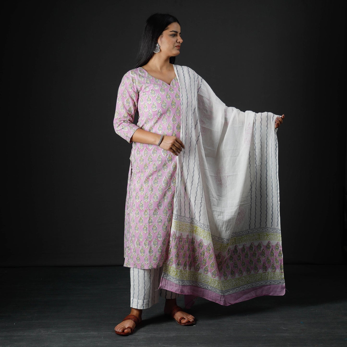 Sanganeri Block Printed Cotton Kurta with Palazzo & Dupatta Set