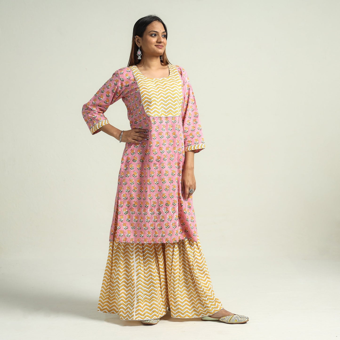 Sanganeri Block Printed Cotton Kurta with Sharara Set