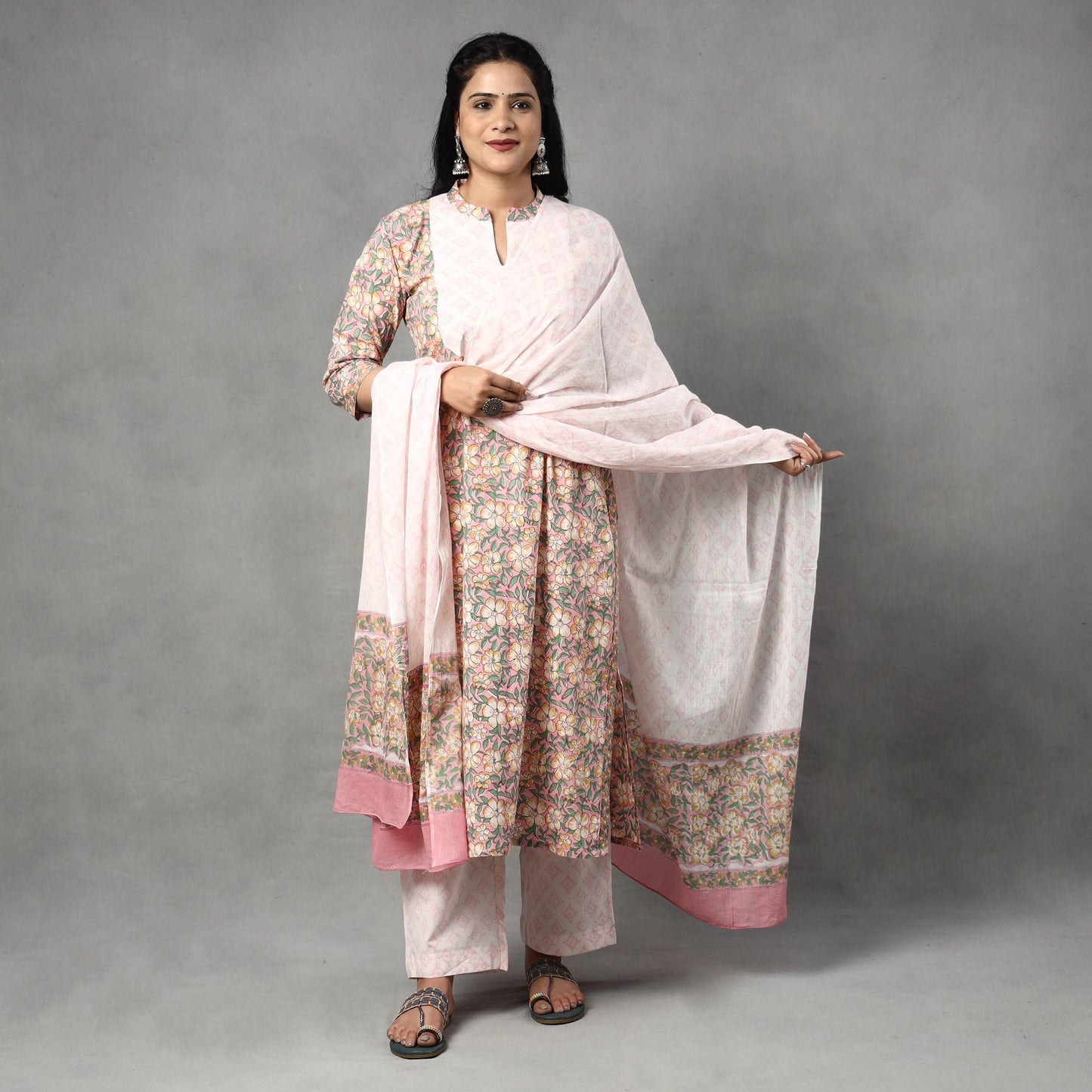 Sanganeri Block Printed Cotton Kurta with Palazzo & Dupatta Set