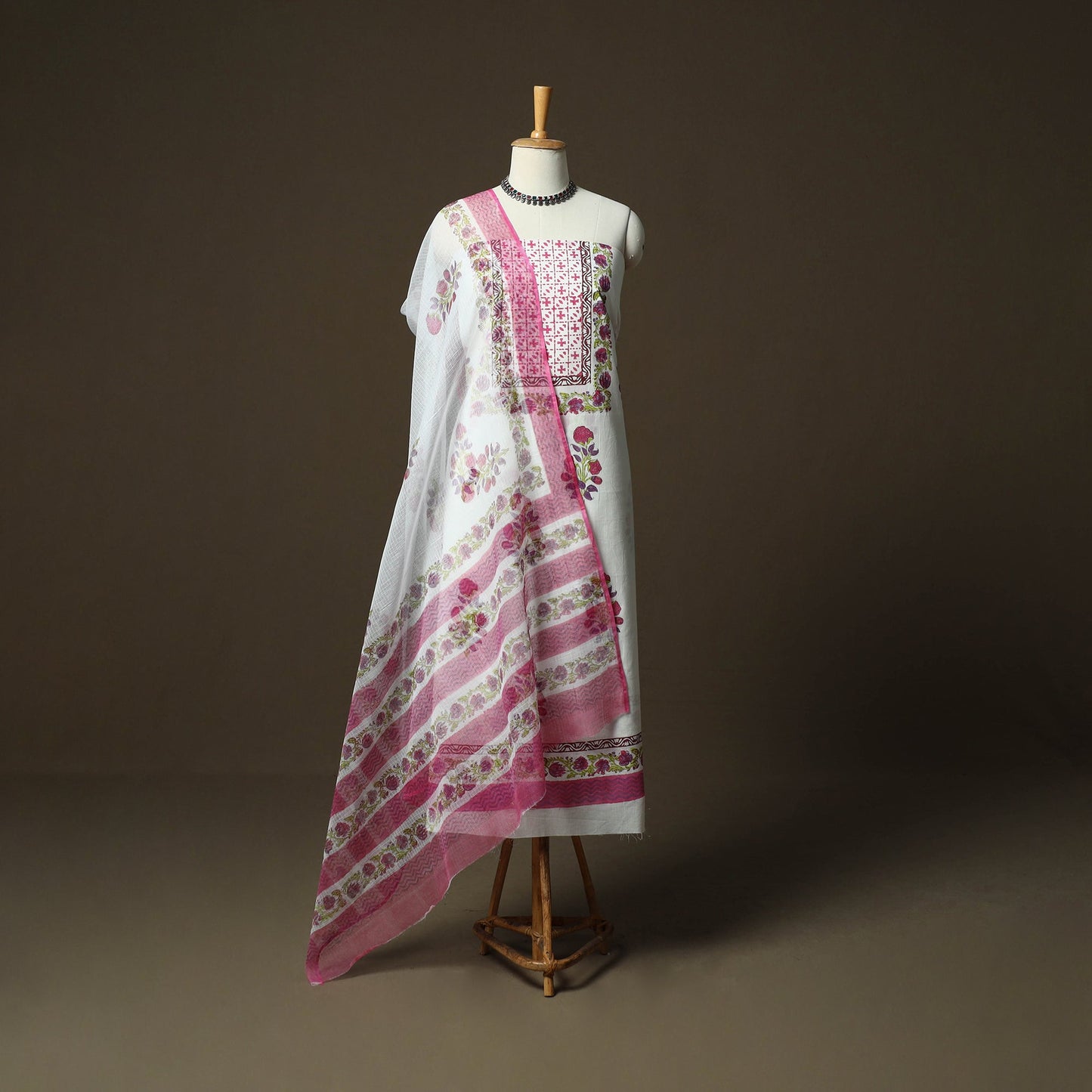 Sanganeri hand block print cotton 3pc unstitched dress