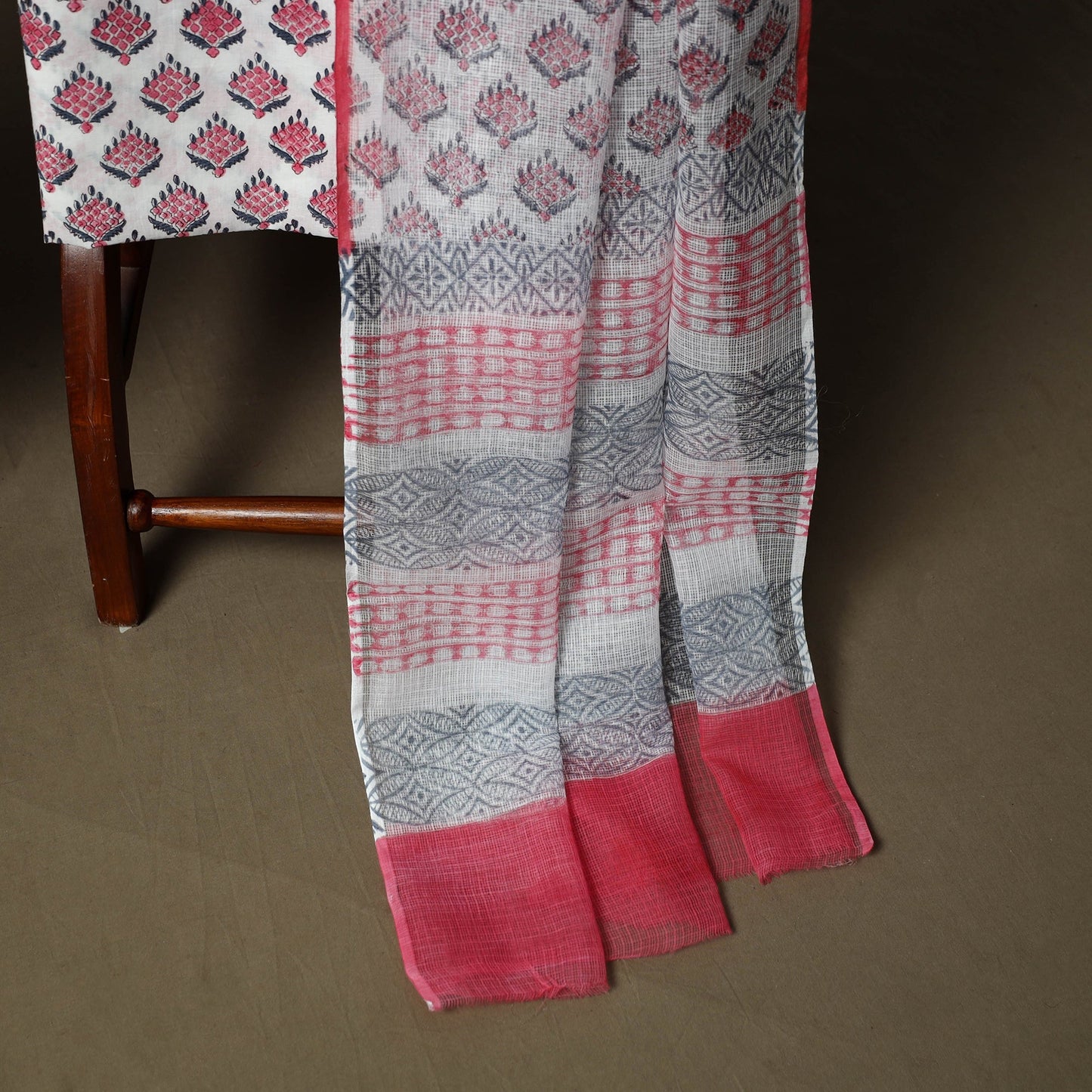 Sanganeri hand block print cotton 3pc unstitched dress