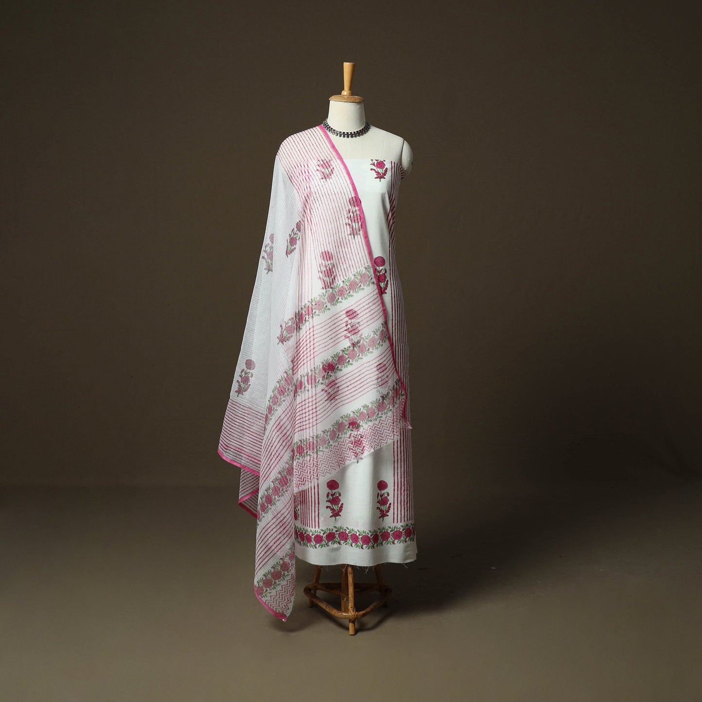 Sanganeri hand block print cotton 3pc unstitched dress