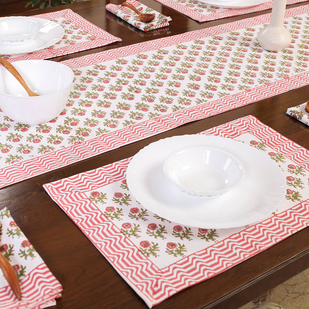 Pink Sanganeri Print Cotton Table Runner with Mats & Napkins