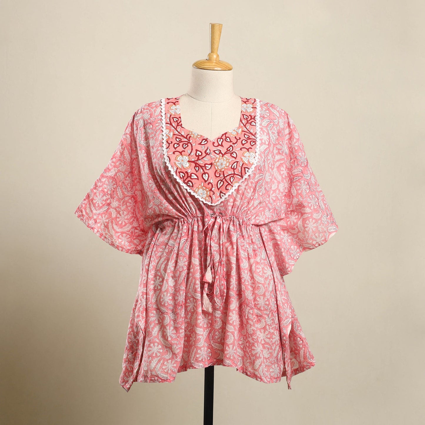 Buy Pink Sanganeri Mosaic Fusion Cotton Kaftan