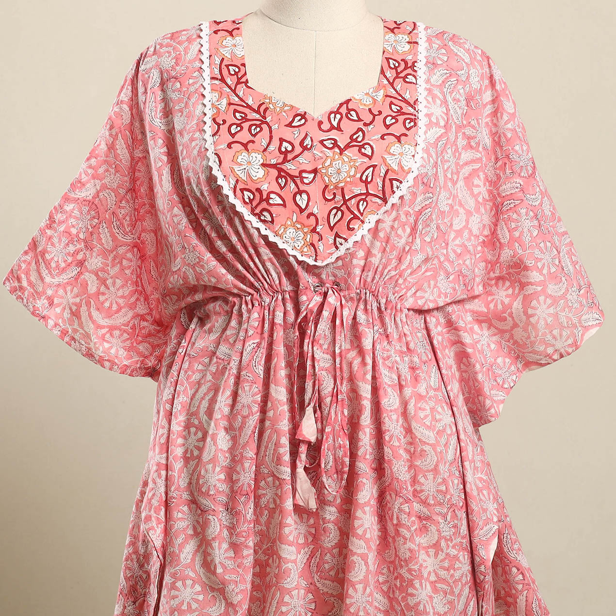 Buy Pink Sanganeri Mosaic Fusion Cotton Kaftan