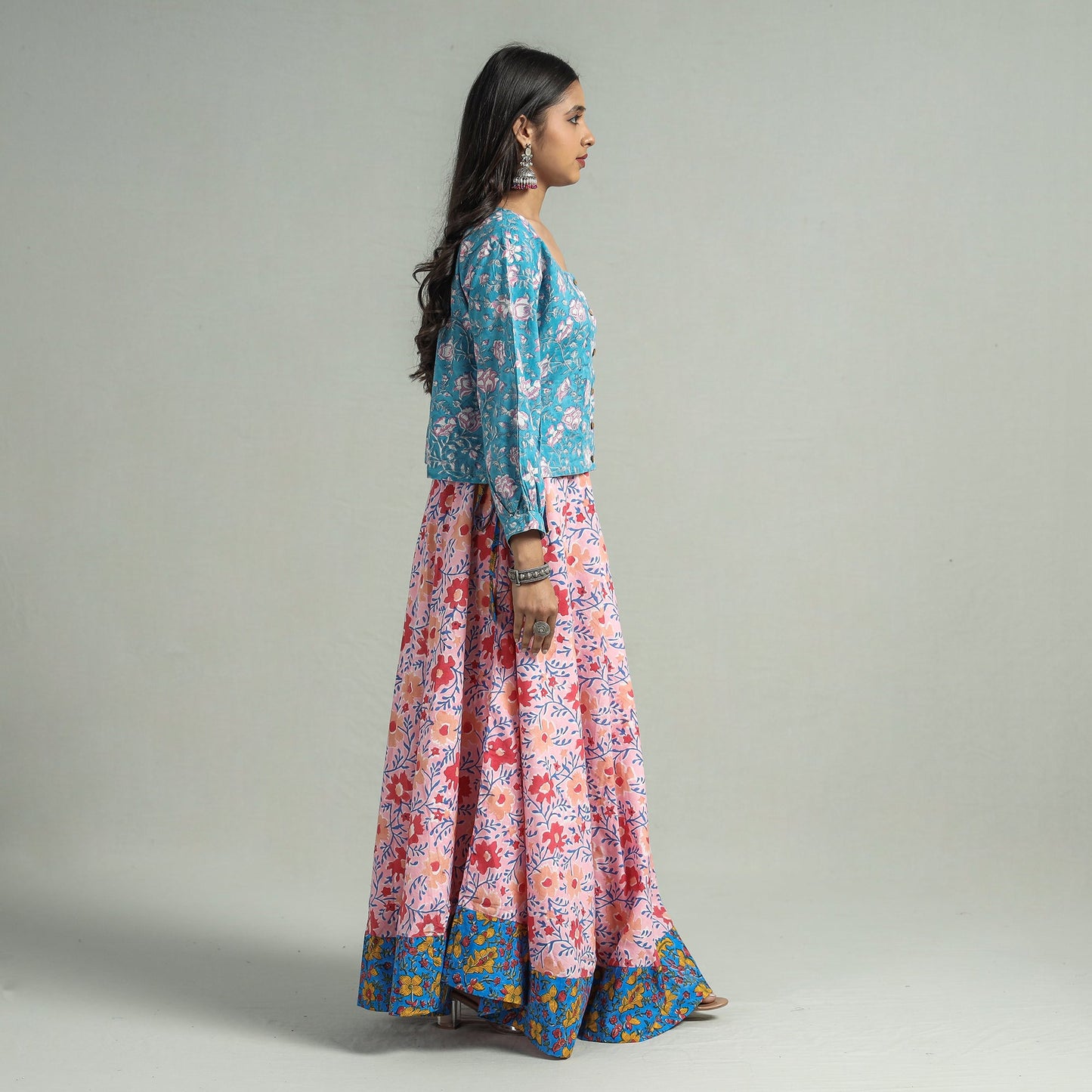 Pink Sanganeri Block Printed Cotton Long Skirt