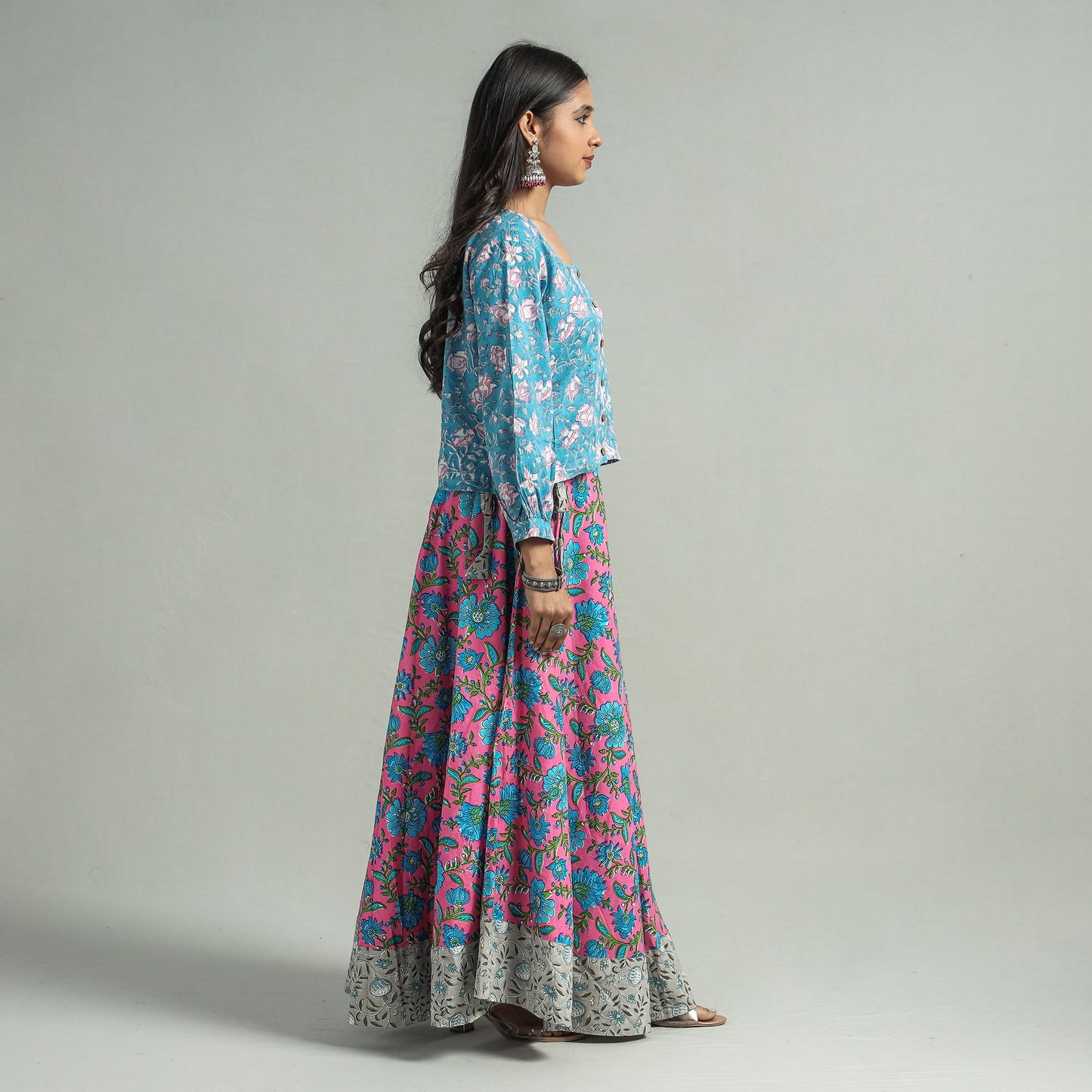 Pink Sanganeri Block Printed Cotton Long Skirt