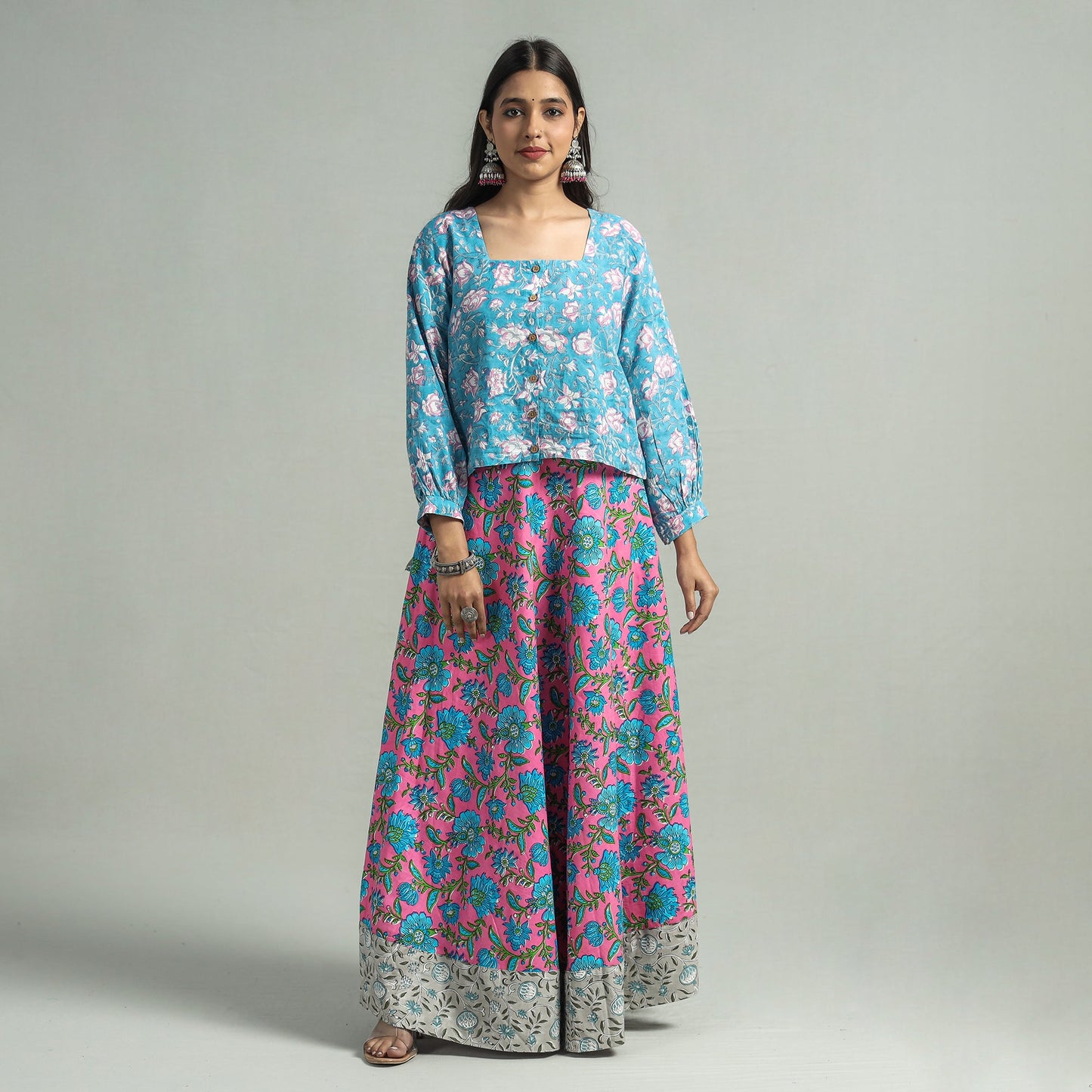 Pink Sanganeri Block Printed Cotton Long Skirt