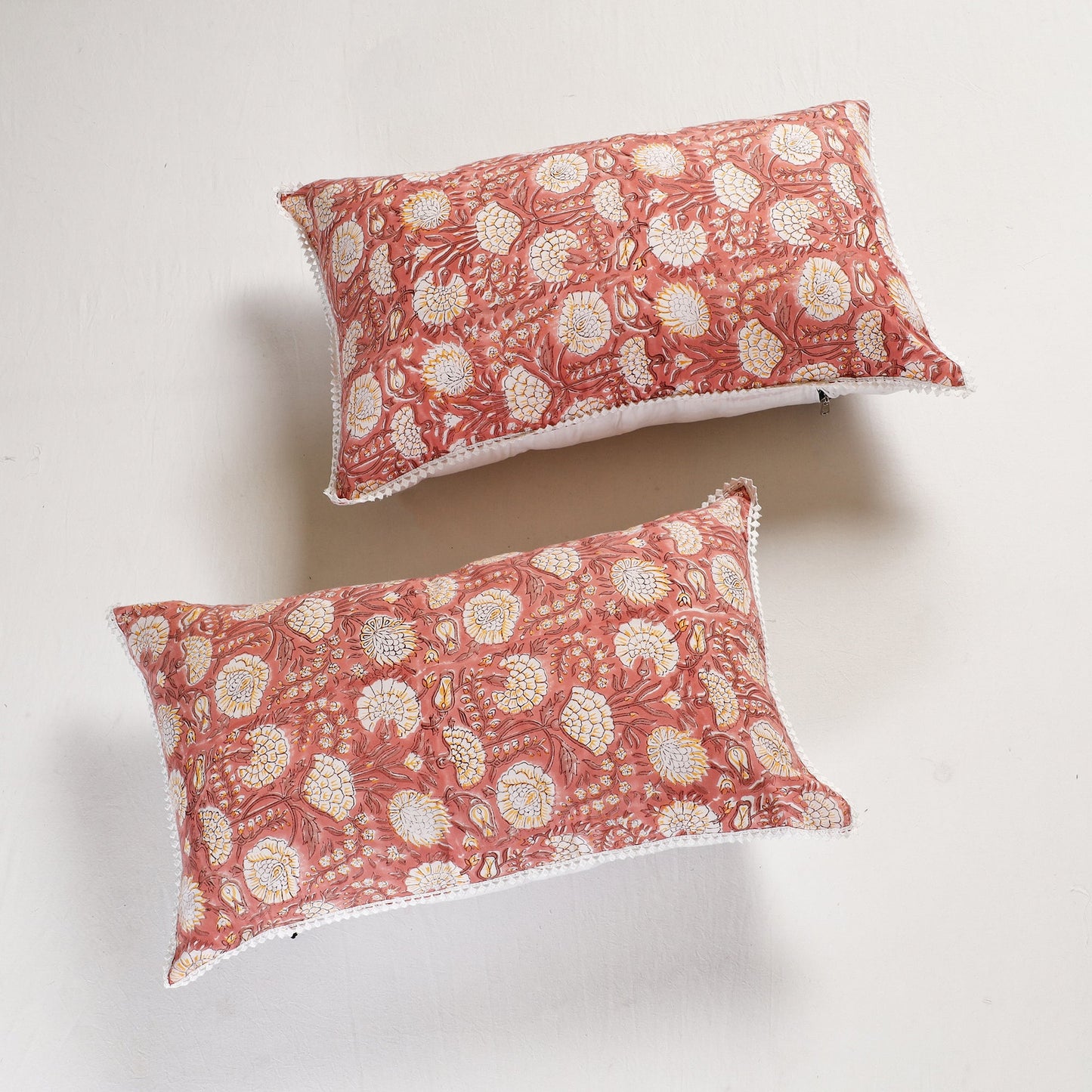 Sanganeri Block Printed Cotton Pillow Cover with Lace (26 x 16 in) - Set of 2