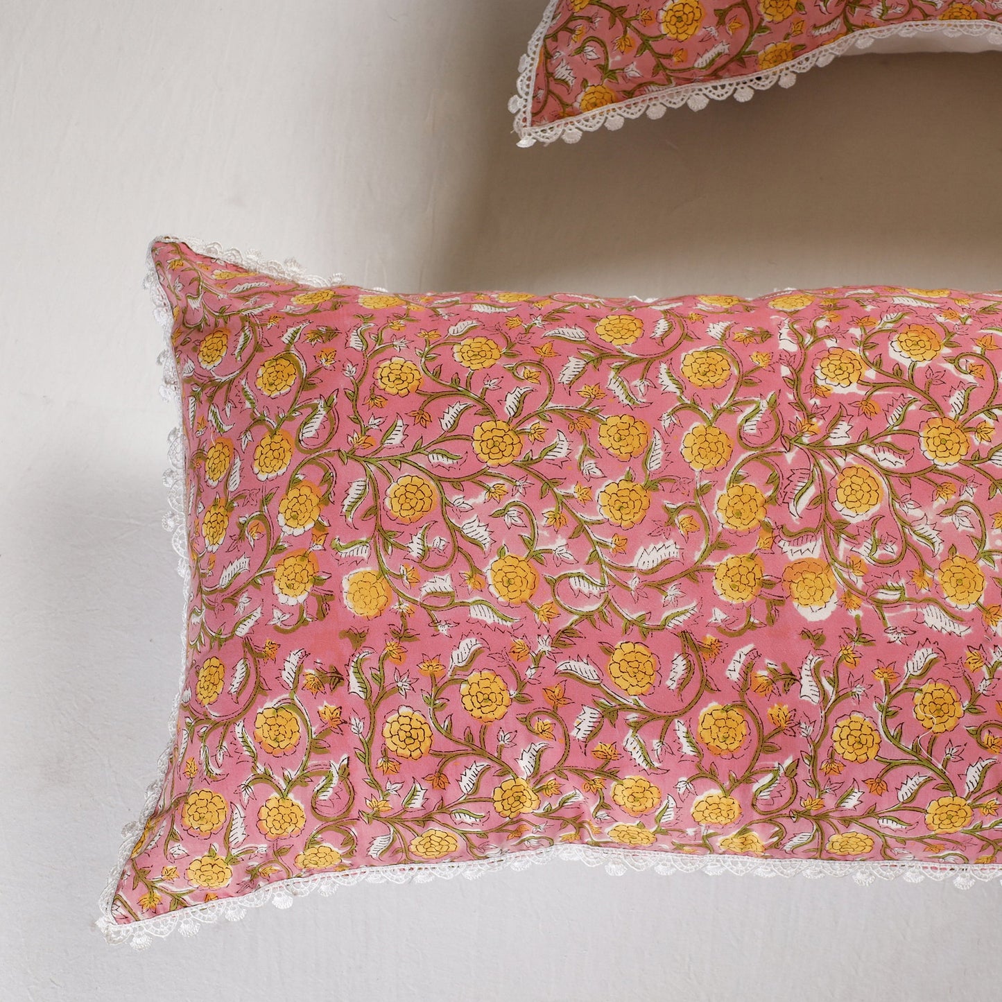 BuySanganeri Block Printed Cotton Pillow Cover With Lace (26 x 16 in) - Set of 2