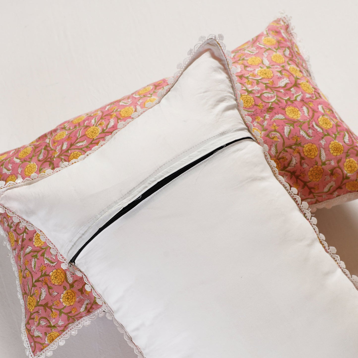 BuySanganeri Block Printed Cotton Pillow Cover With Lace (26 x 16 in) - Set of 2