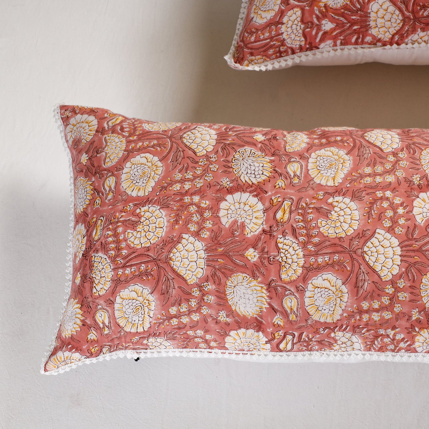 Sanganeri Block Printed Cotton Pillow Cover with Lace (26 x 16 in) - Set of 2