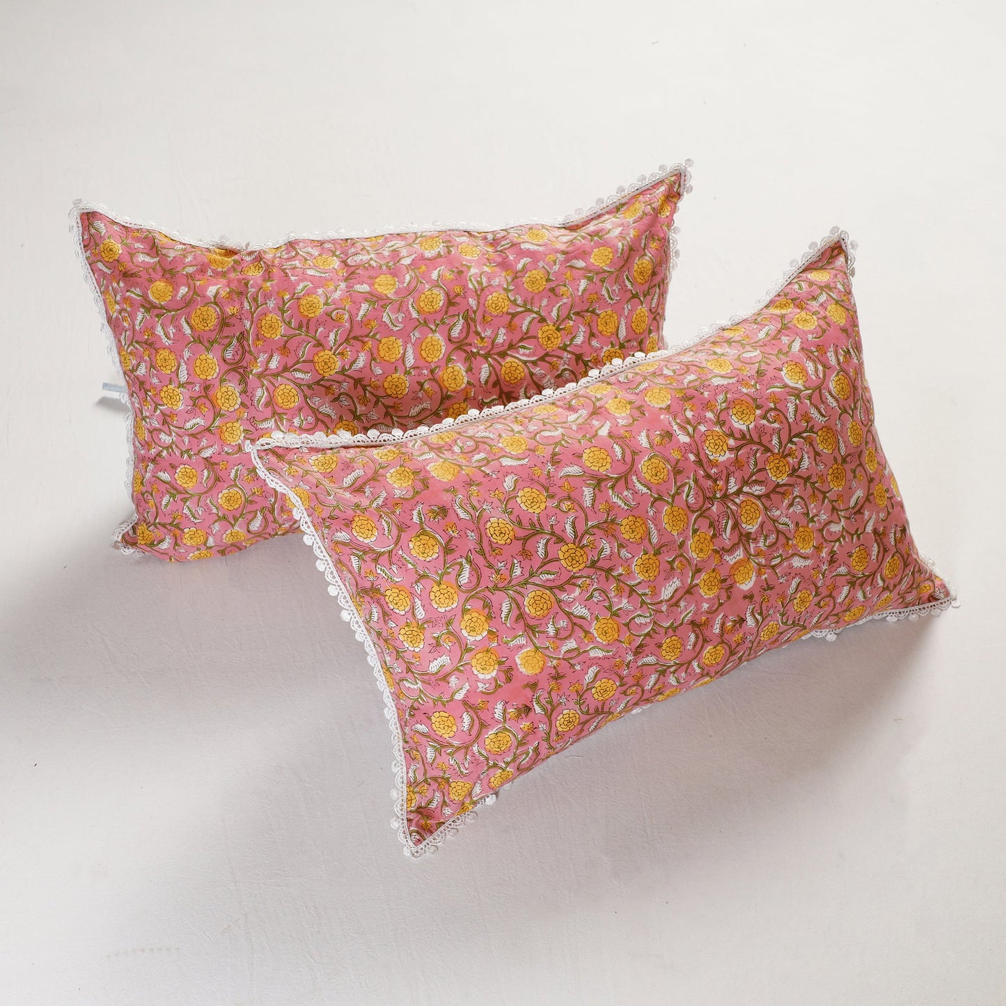 BuySanganeri Block Printed Cotton Pillow Cover With Lace (26 x 16 in) - Set of 2