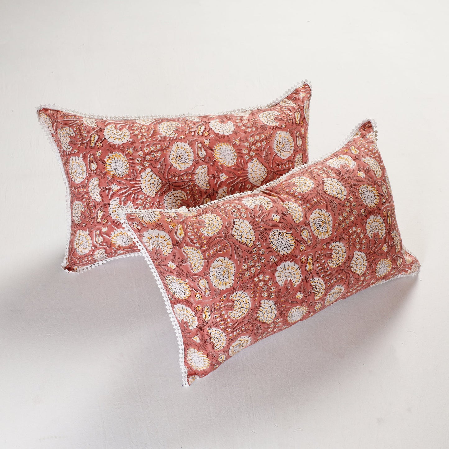 Sanganeri Block Printed Cotton Pillow Cover with Lace (26 x 16 in) - Set of 2