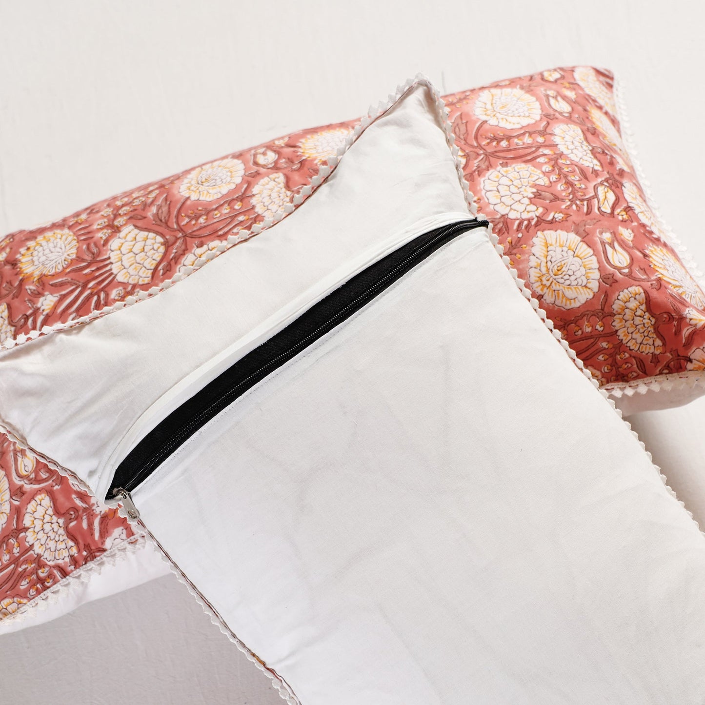 Sanganeri Block Printed Cotton Pillow Cover with Lace (26 x 16 in) - Set of 2
