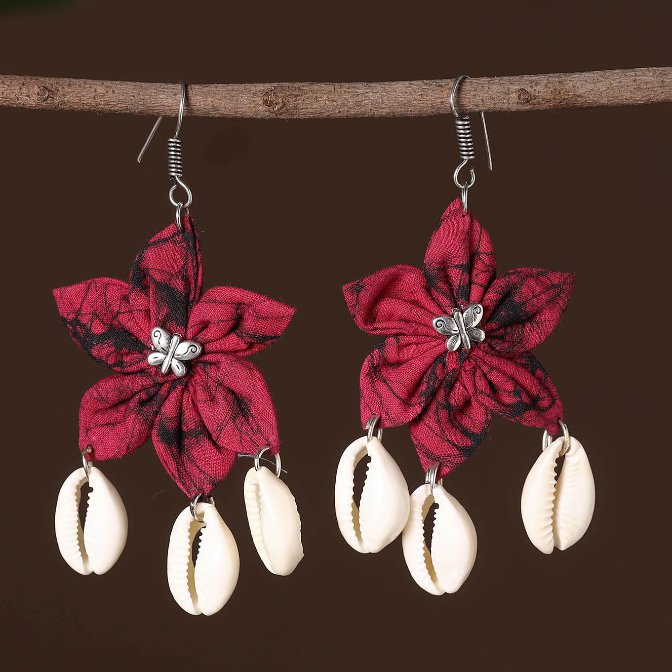 Pink - savi fabart phool kali shell earrings - handcrafted
