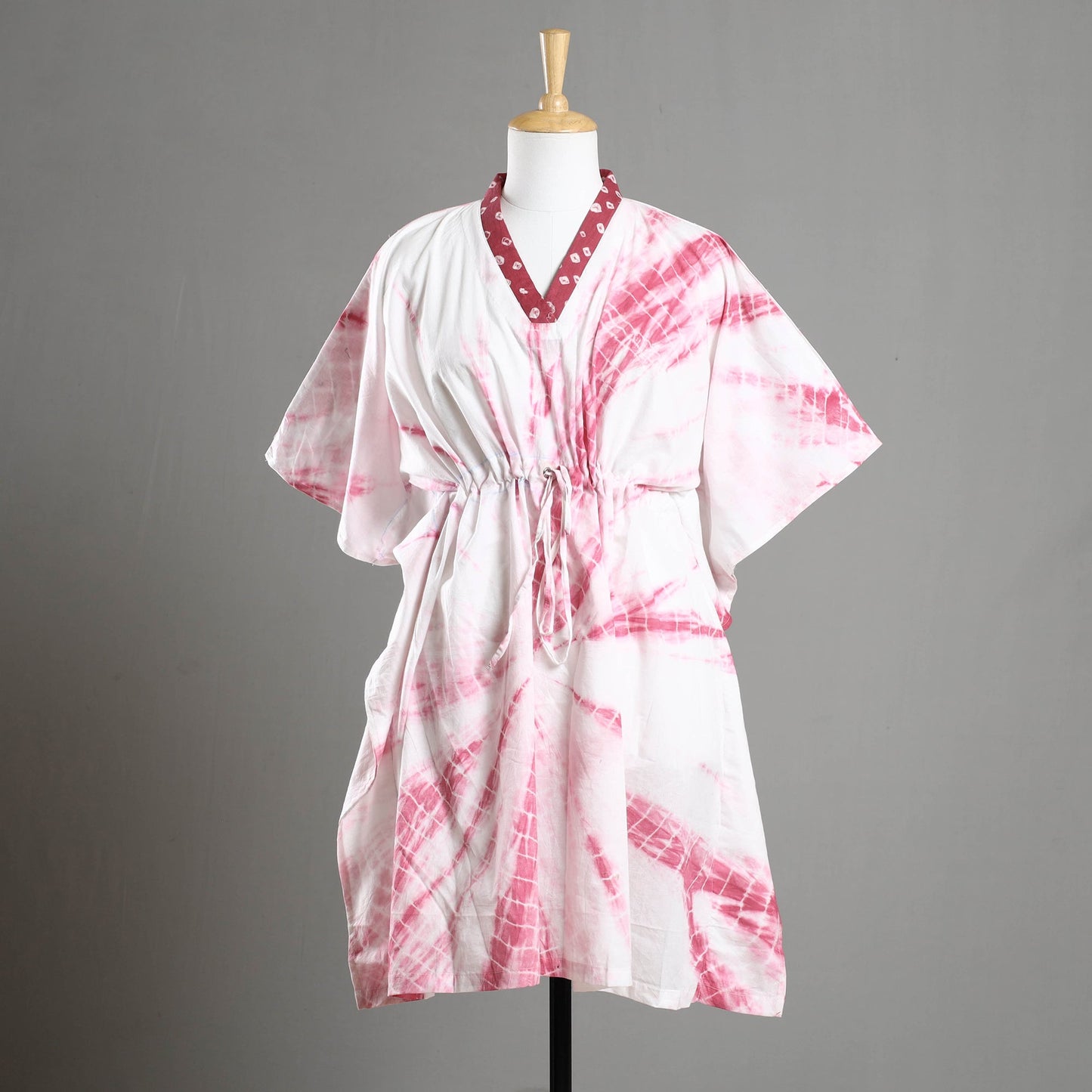 Pink - Shibori Tie-Dye Cotton Kaftan with Tie-Up Waist (Medium)