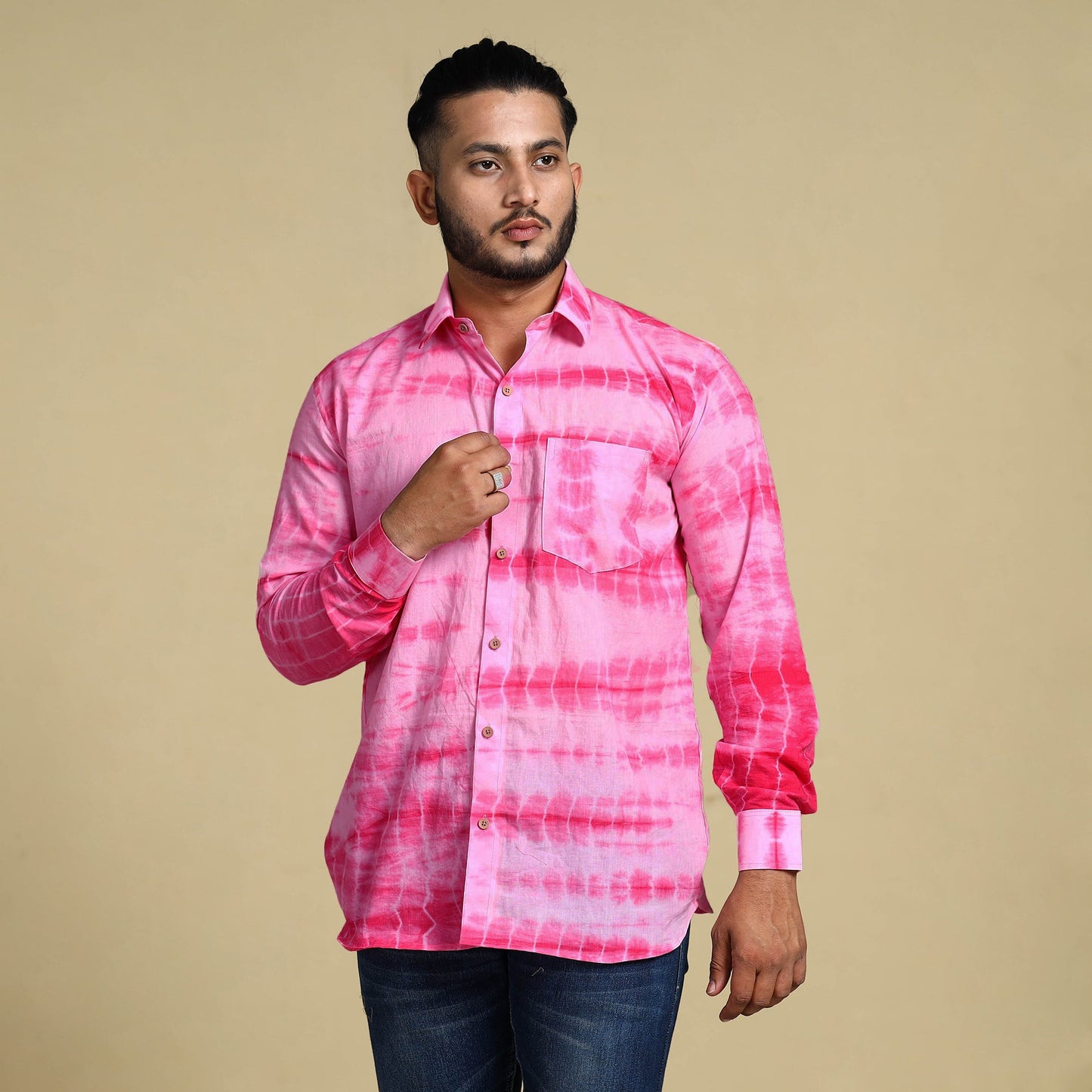 Pink - shibori tie-dye cotton men full sleeve shirt