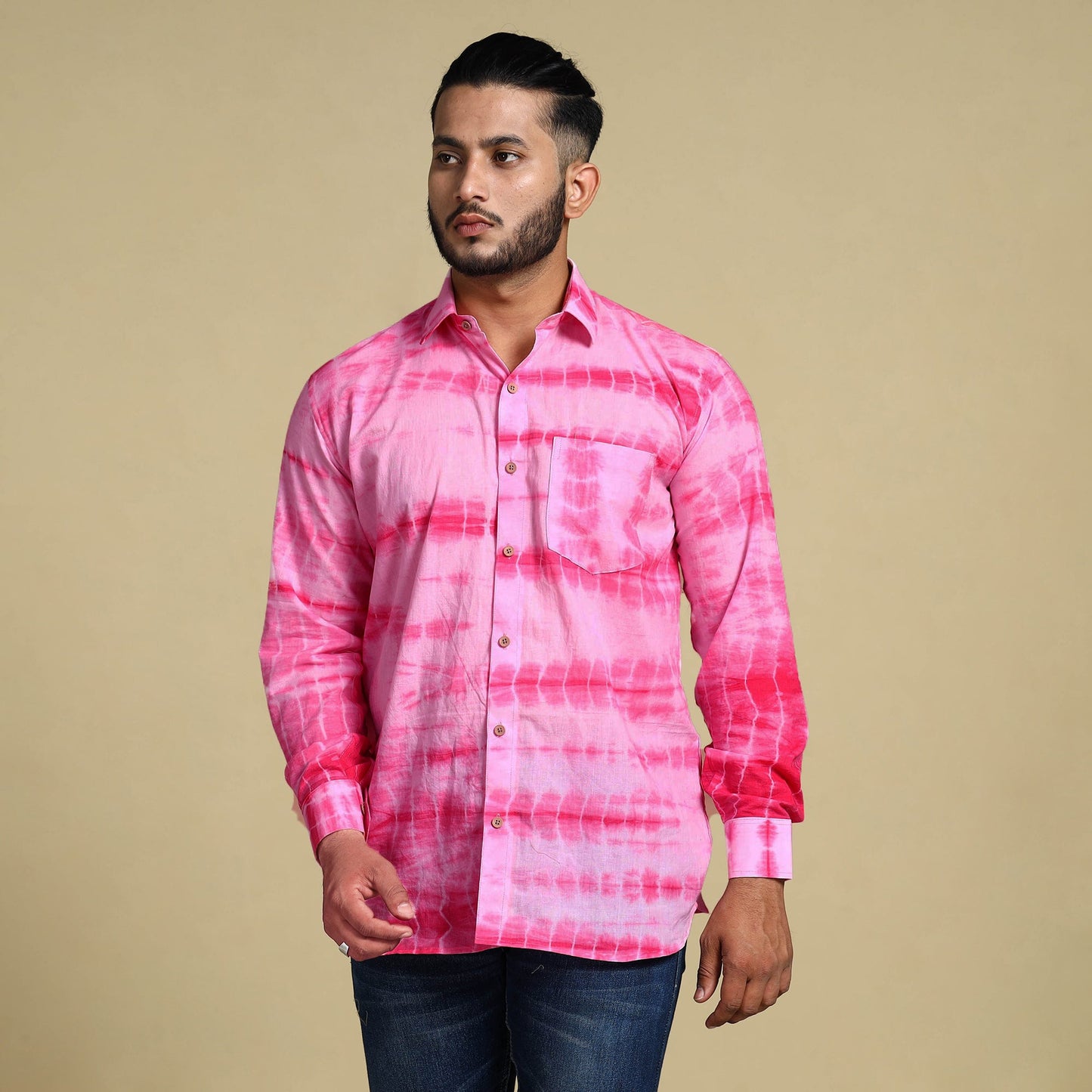 Pink - shibori tie-dye cotton men full sleeve shirt