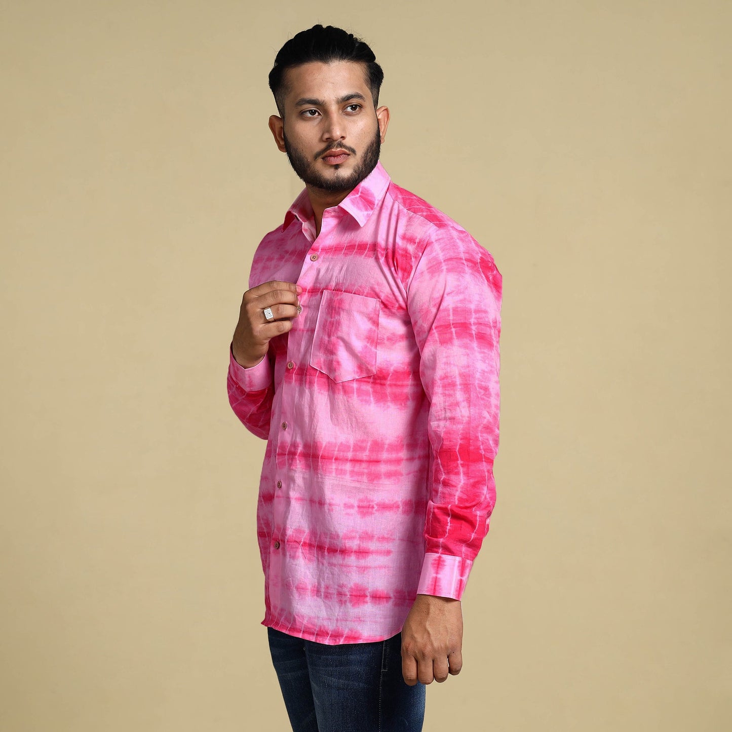 Pink - shibori tie-dye cotton men full sleeve shirt