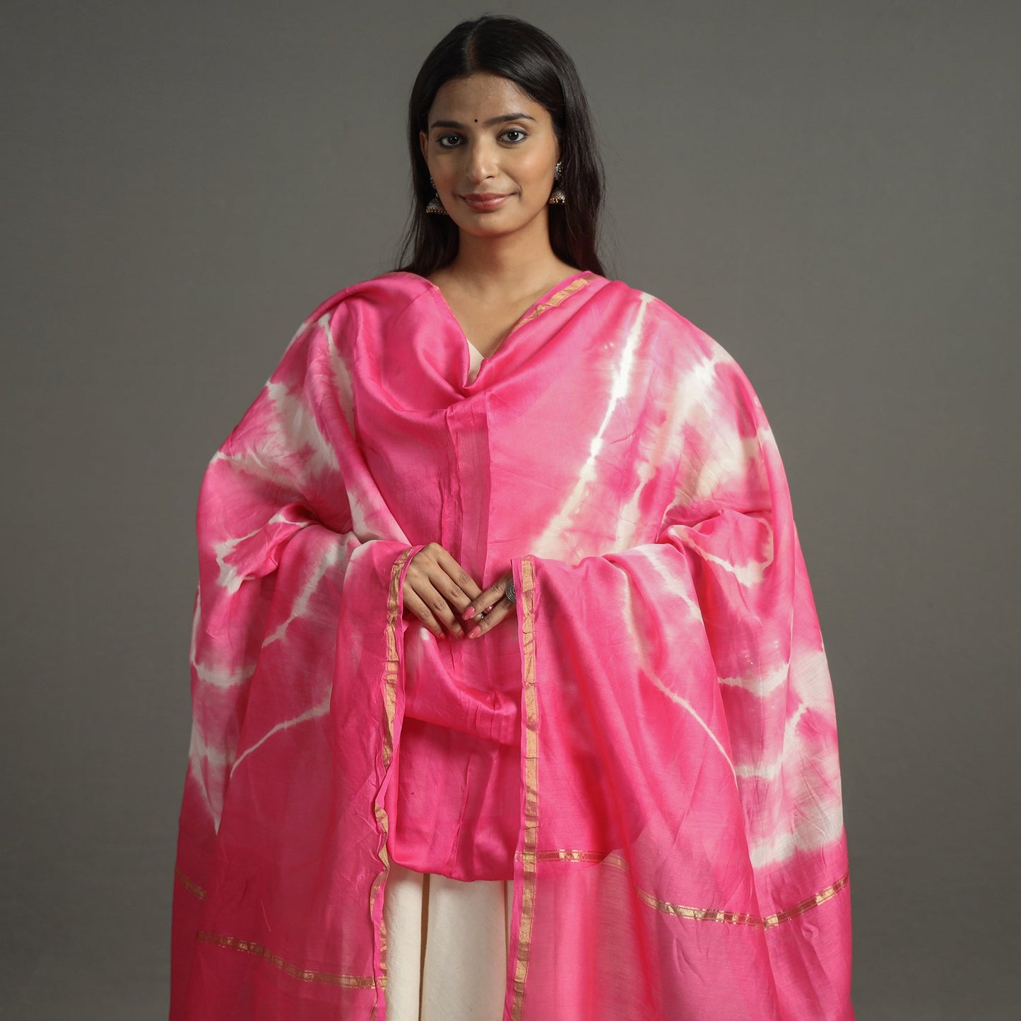 Shibori Tie-Dye Handloom Chanderi Silk Dupatta with Zari Border 50