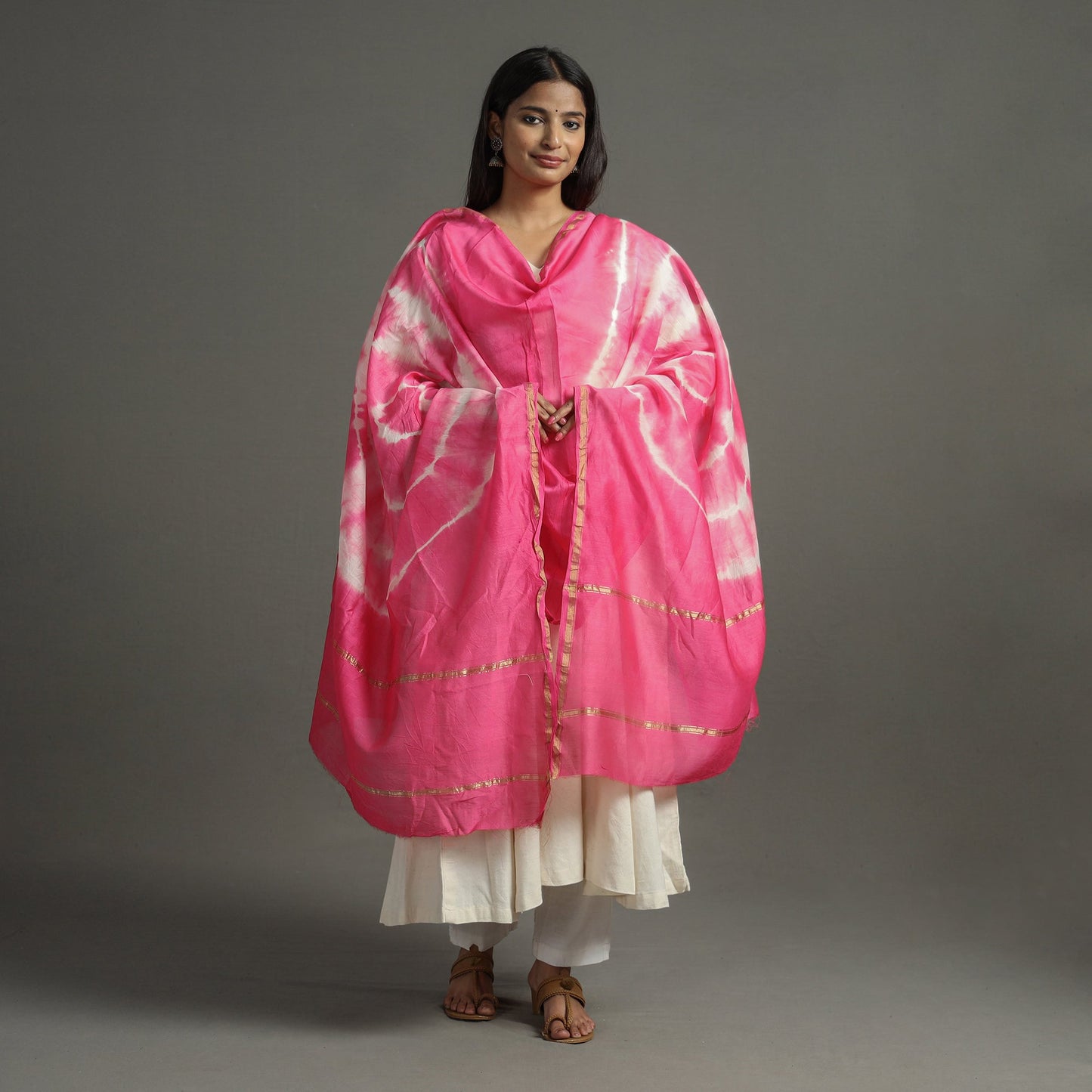 Shibori Tie-Dye Handloom Chanderi Silk Dupatta with Zari Border 50