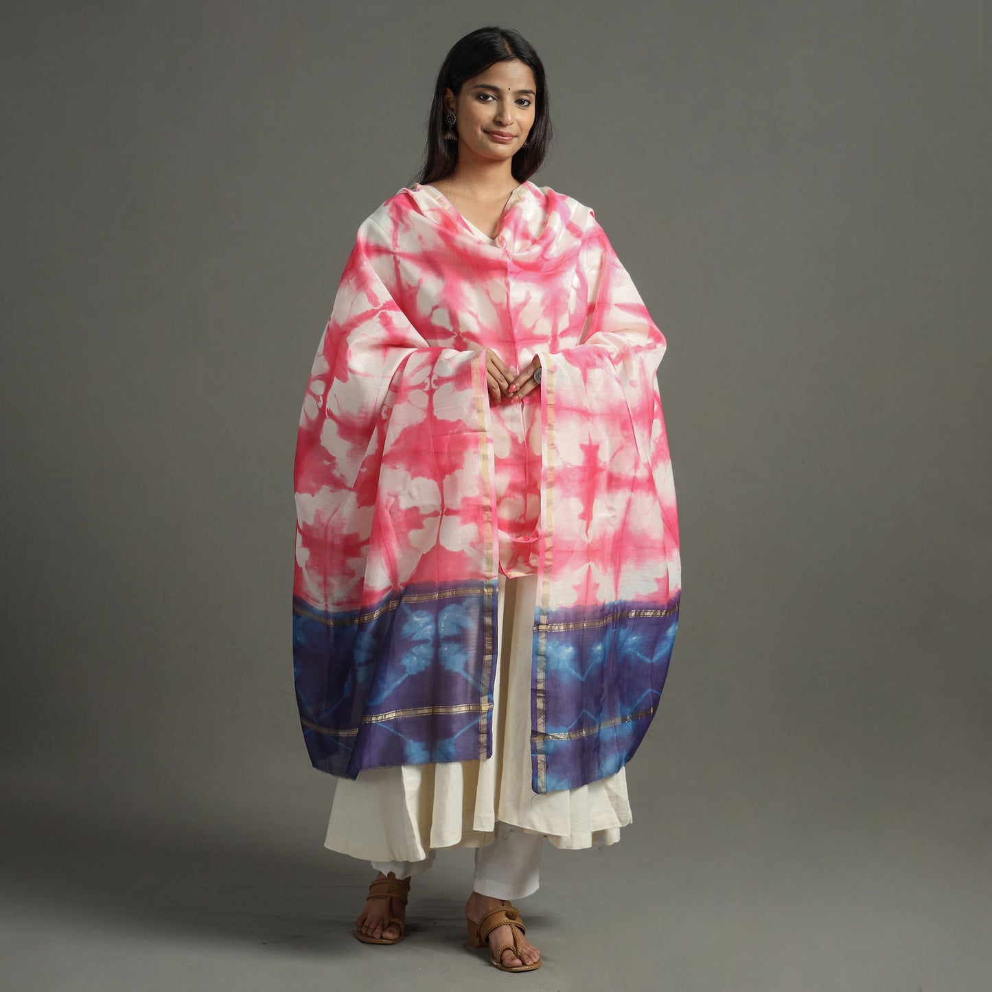 Buy Shibori Tie-Dye Handloom Chanderi Silk Dupatta with Zari Border 76 Online at iTokri.com