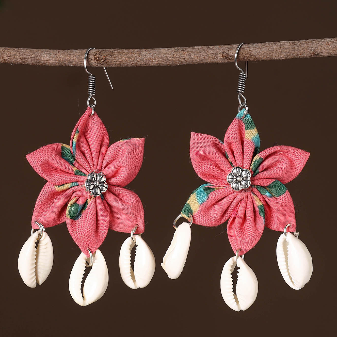 Pink - shifa fabart phool kali shell earrings - handcrafted