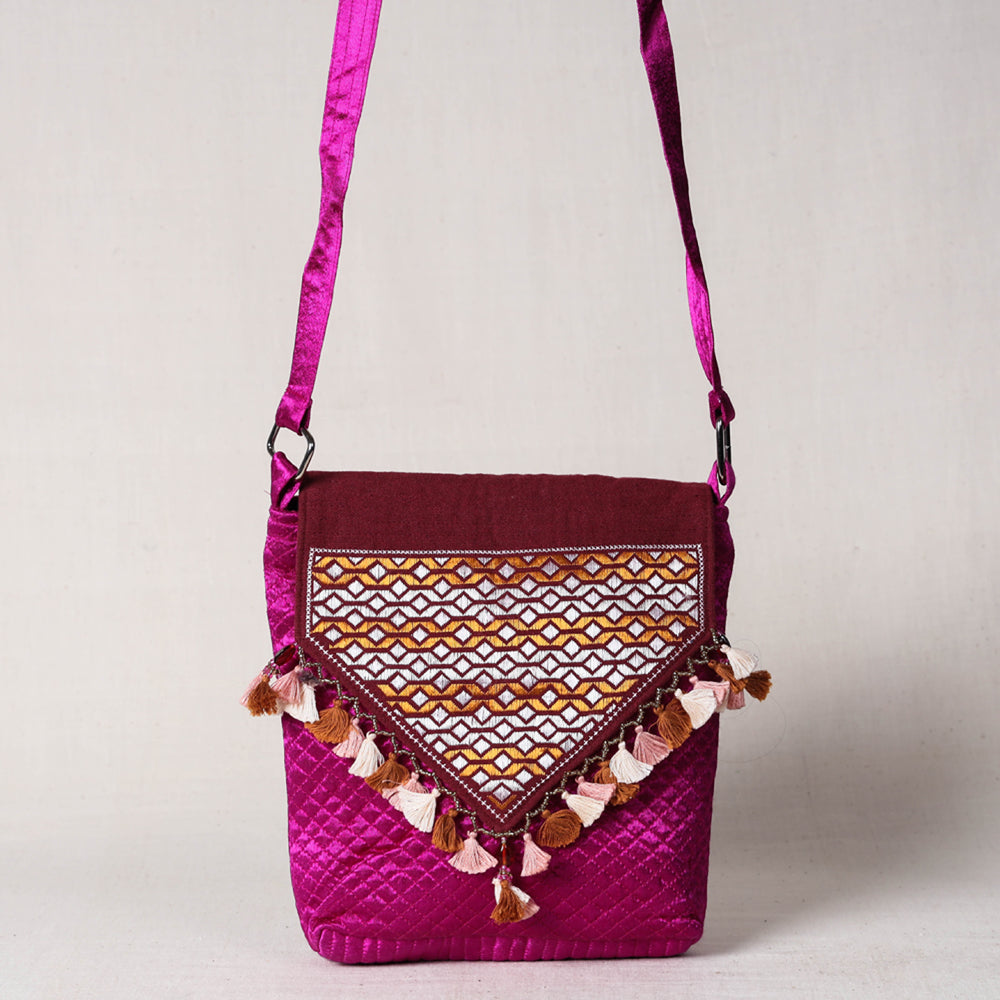 Pink Soof Stitch Embroidery Pure Handloom Sling Bag