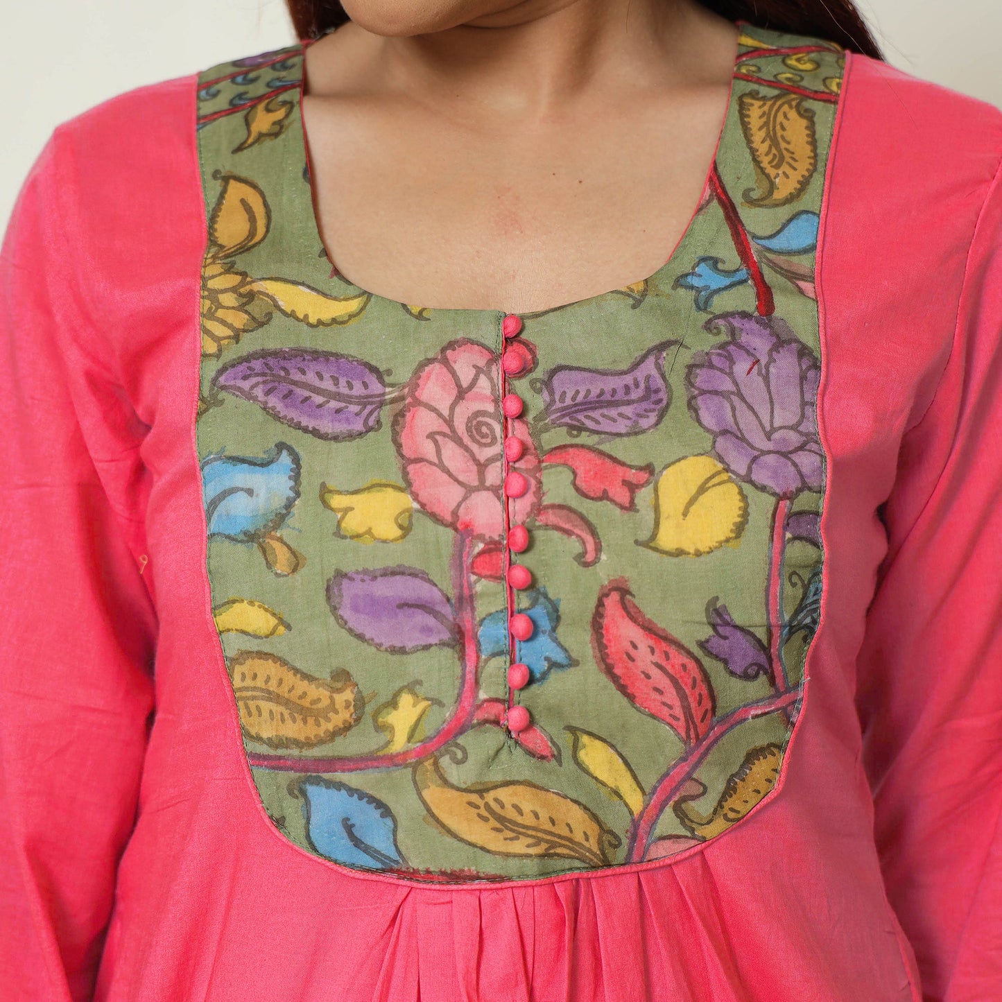 Red - Srikalahasti Kalamkari Patchwork Plain Cotton A-Line Kurta 15