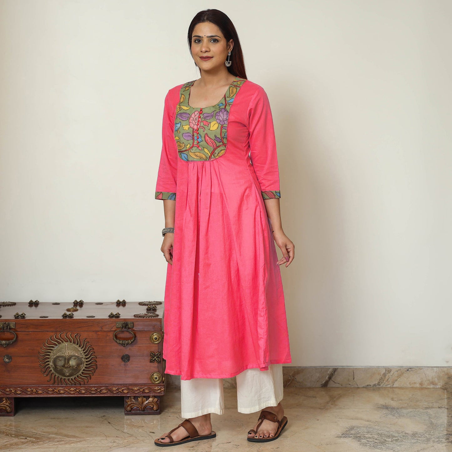 Red - Srikalahasti Kalamkari Patchwork Plain Cotton A-Line Kurta 15