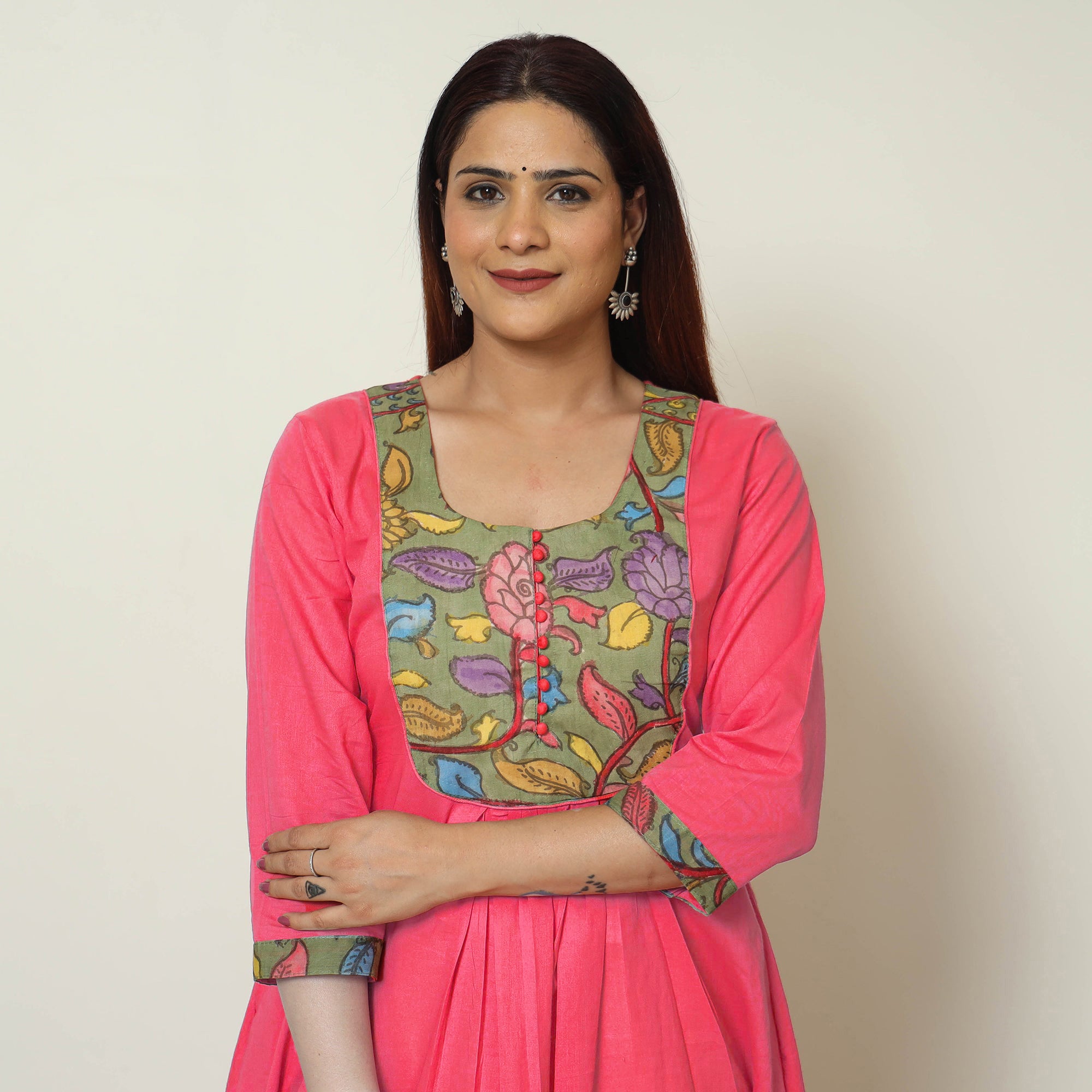 Red - Srikalahasti Kalamkari Patchwork Plain Cotton A-Line Long Kurta 15