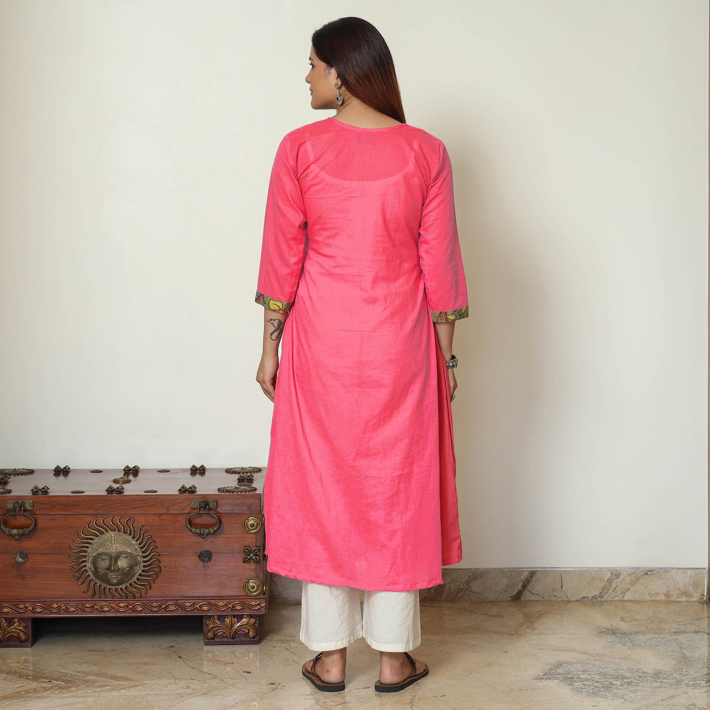 Red - Srikalahasti Kalamkari Patchwork Plain Cotton A-Line Kurta 15