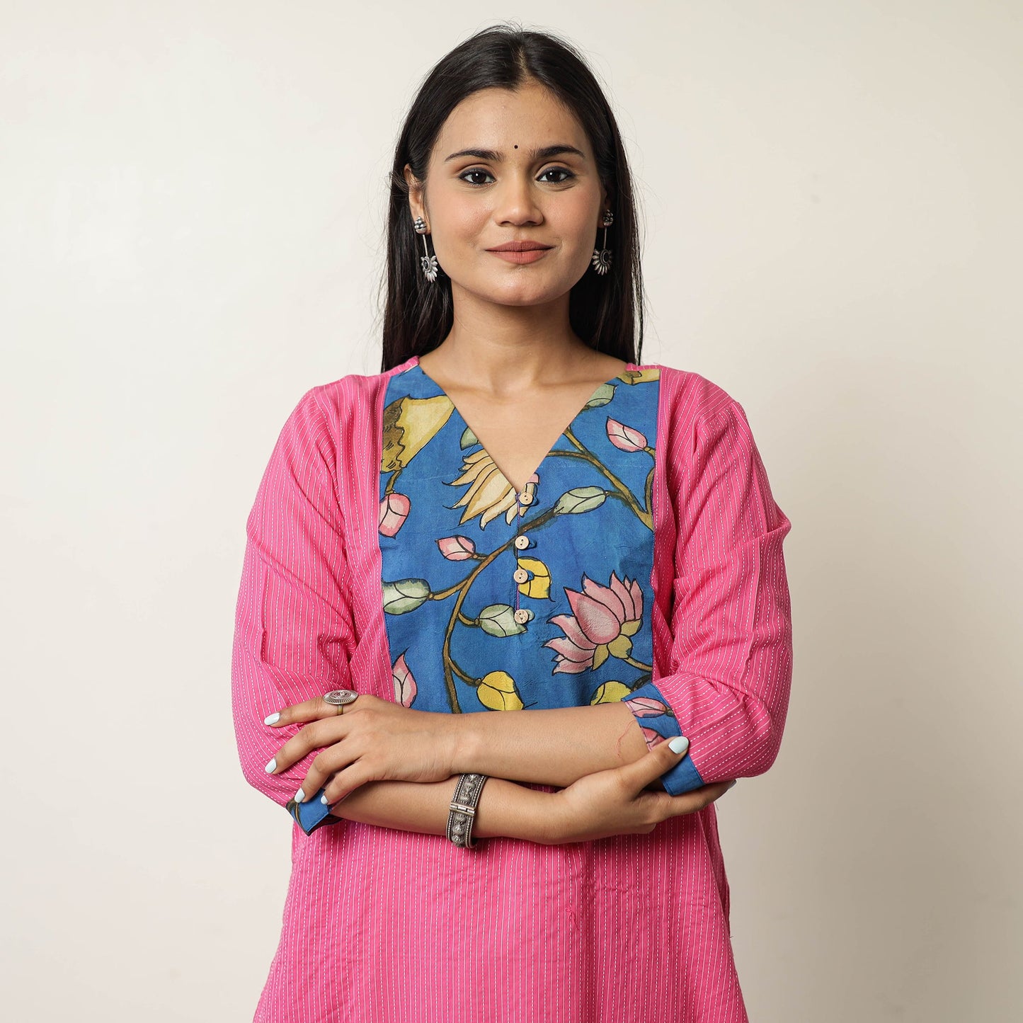 Srikalahasti Kalamkari Patchwork Plain Running Stitch Cotton Long Kurta 38 Online at iTokri.com