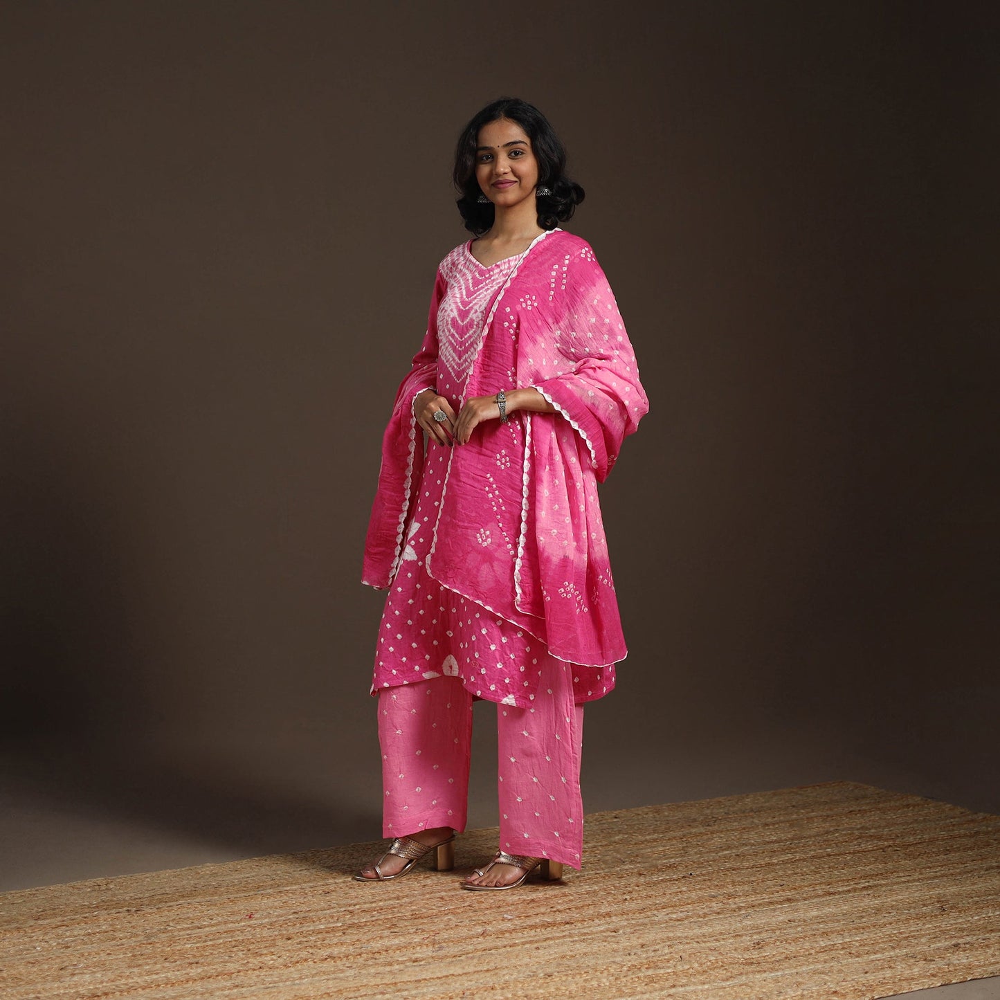 Pink - tie-dye cotton bandhani kurta set (set of 3) 06