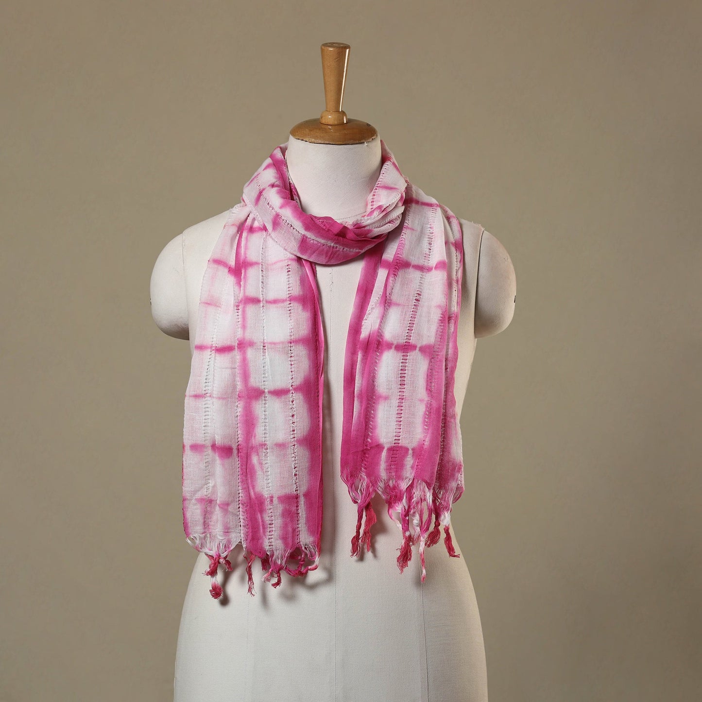 Pink Tie-Dye Cotton Shibori Stole with Tassels