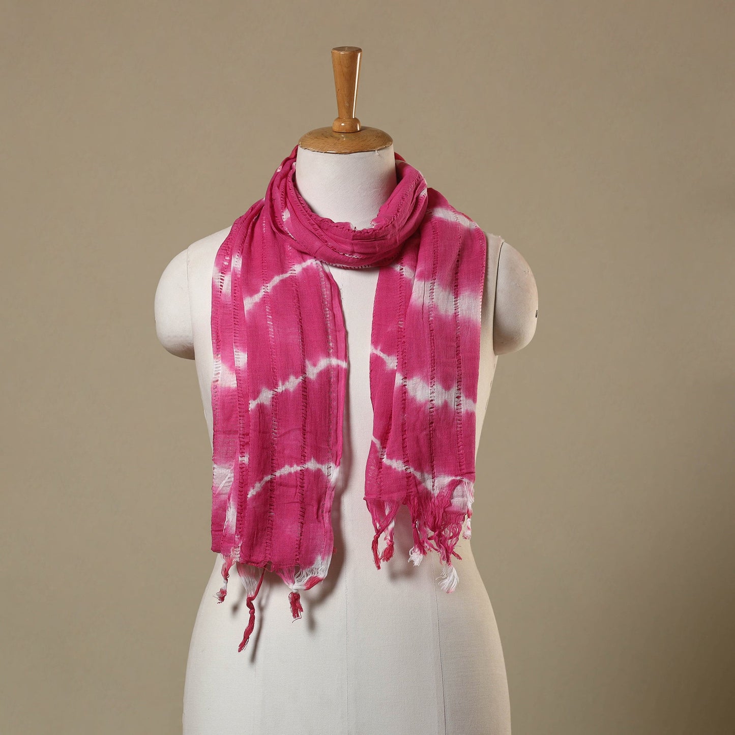 Pink Tie-Dye Cotton Shibori Stole with Tassels