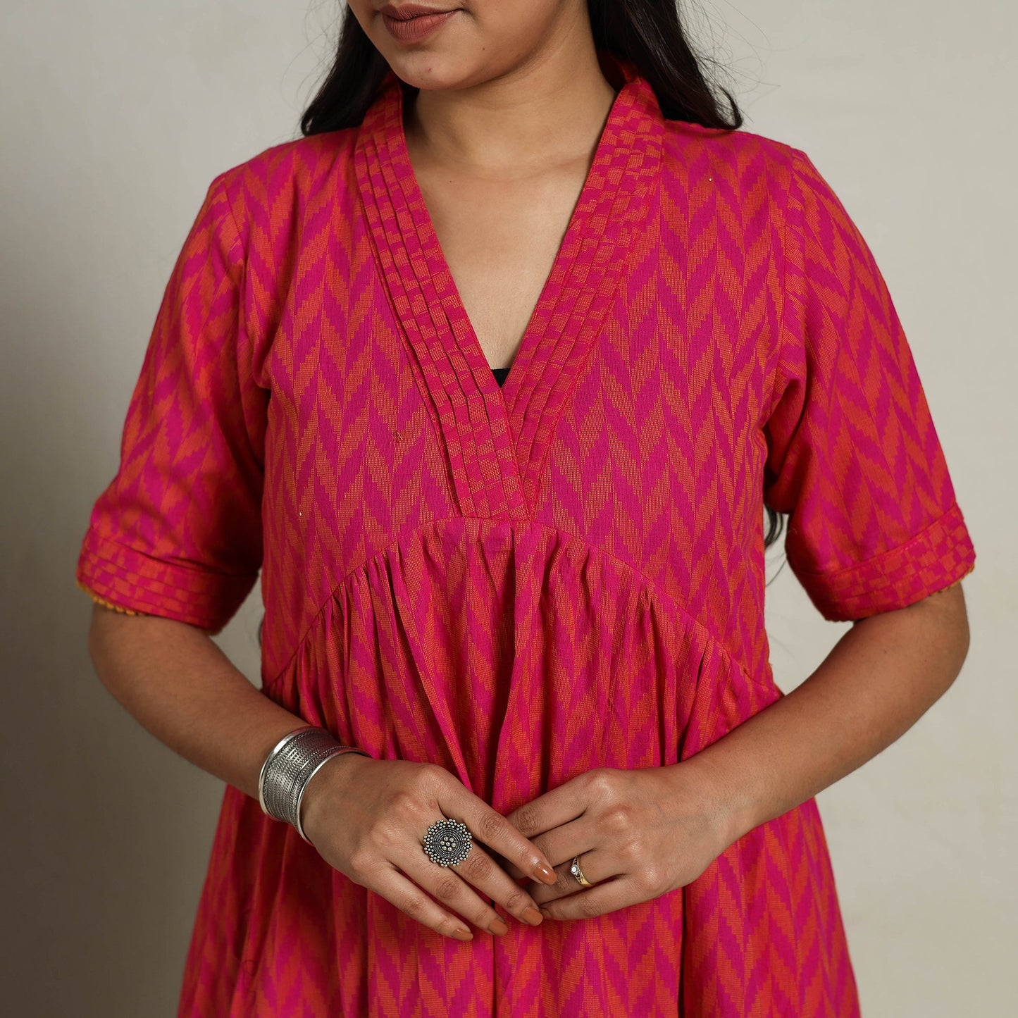 Tiered Fit & Flare Cotton Pink Jacquard Dress