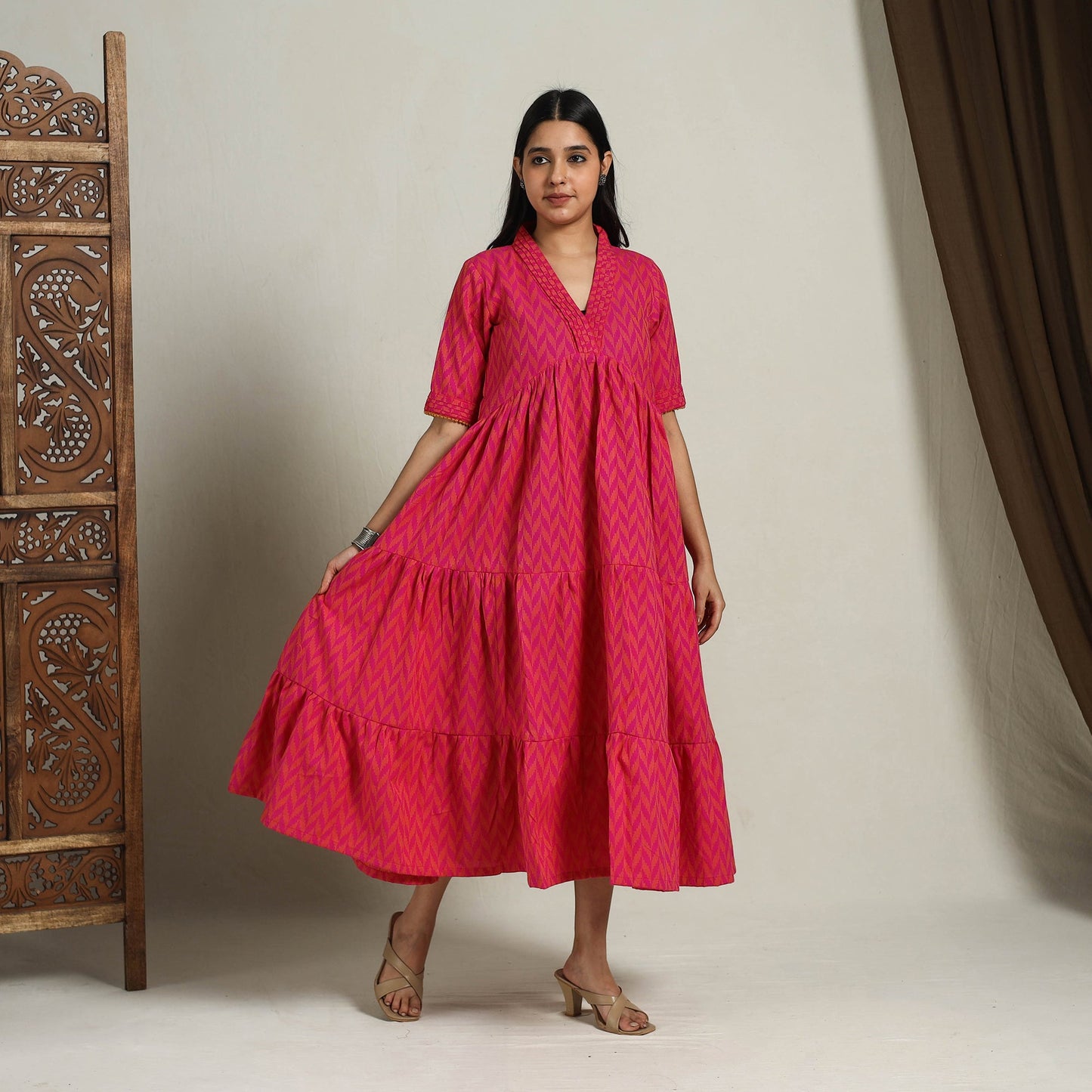Tiered Fit & Flare Cotton Pink Jacquard Dress