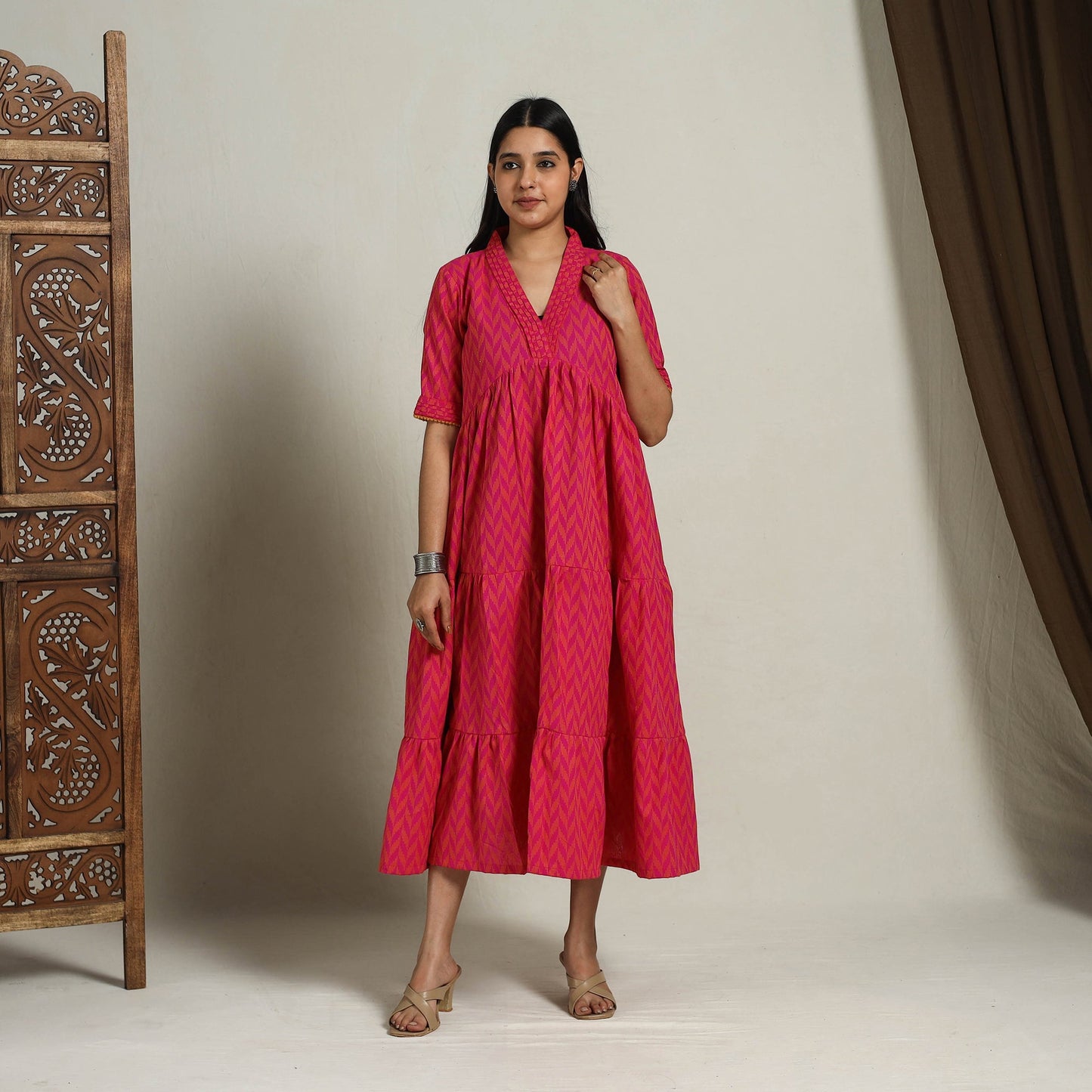 Tiered Fit & Flare Cotton Pink Jacquard Dress