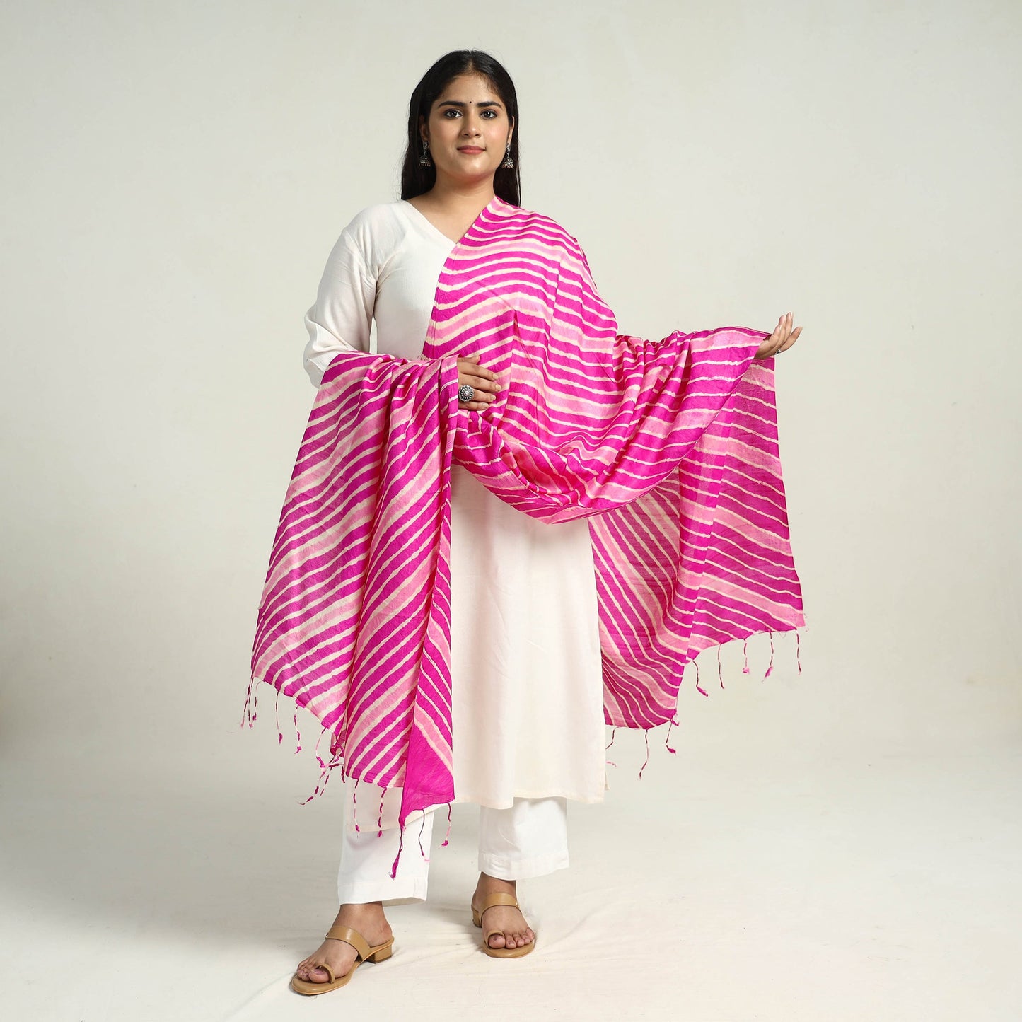 Pink Traditional Tie & Dye Tussar Silk Leheriya Dupatta