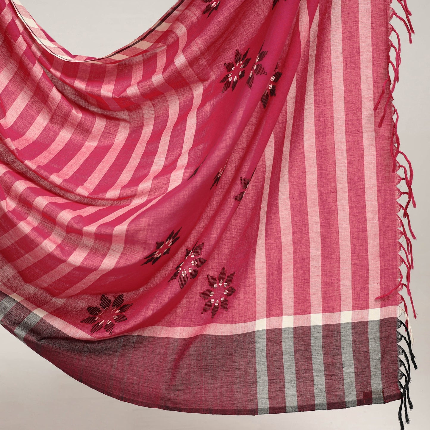 Pink, White & Black Stipe Cotton Saree with Floral Extra Weft