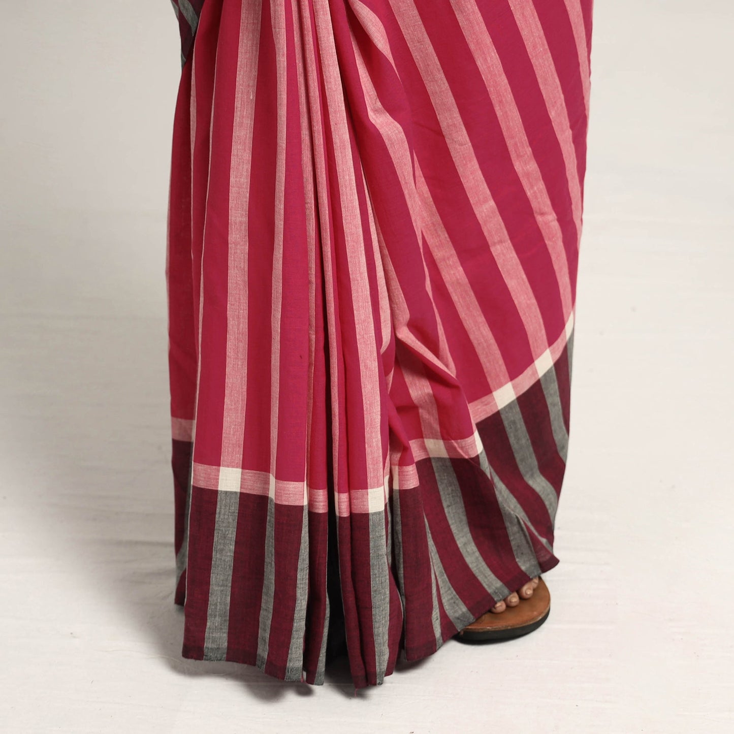 Pink, White & Black Stipe Cotton Saree with Floral Extra Weft