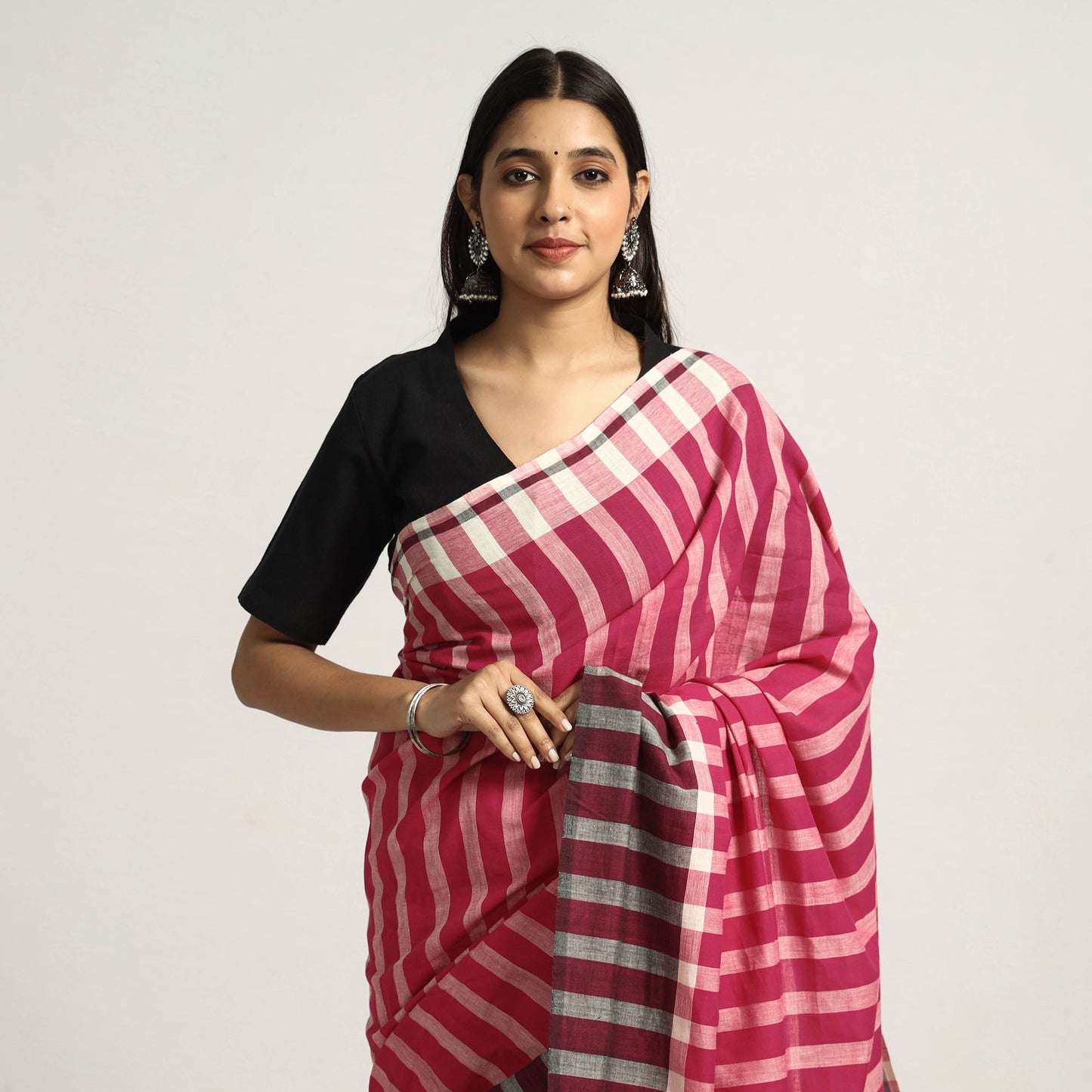 Pink, White & Black Stipe Cotton Saree with Floral Extra Weft